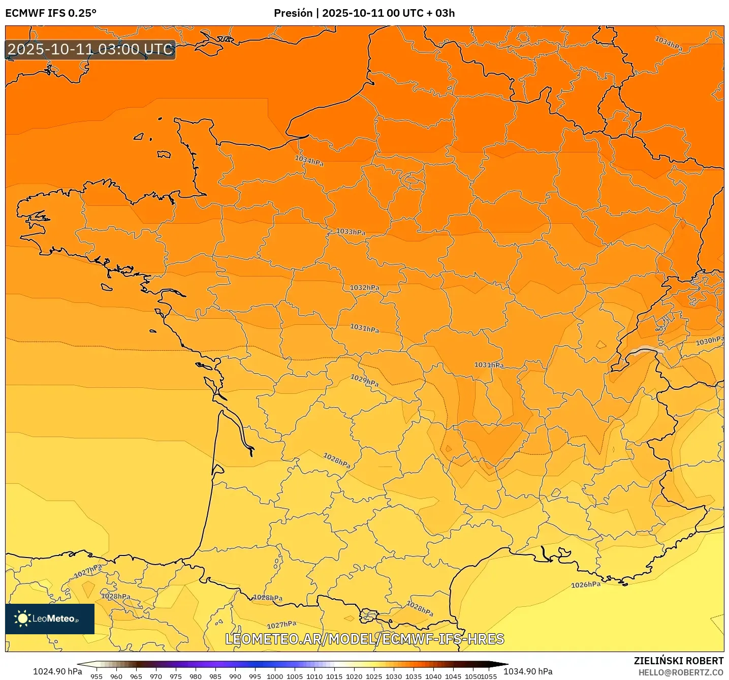 ECMWF IFS 0.25° model - Francia, Presión ECMWF IFS 0.25° model - Francia, Presión
