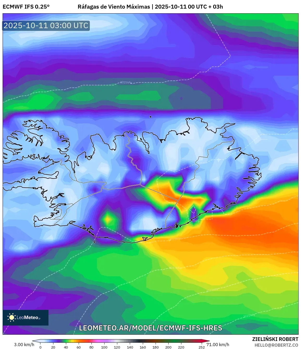 ECMWF IFS 0.25° model - Islandia, Ráfagas de Viento Máximas ECMWF IFS 0.25° model - Islandia, Ráfagas de Viento Máximas