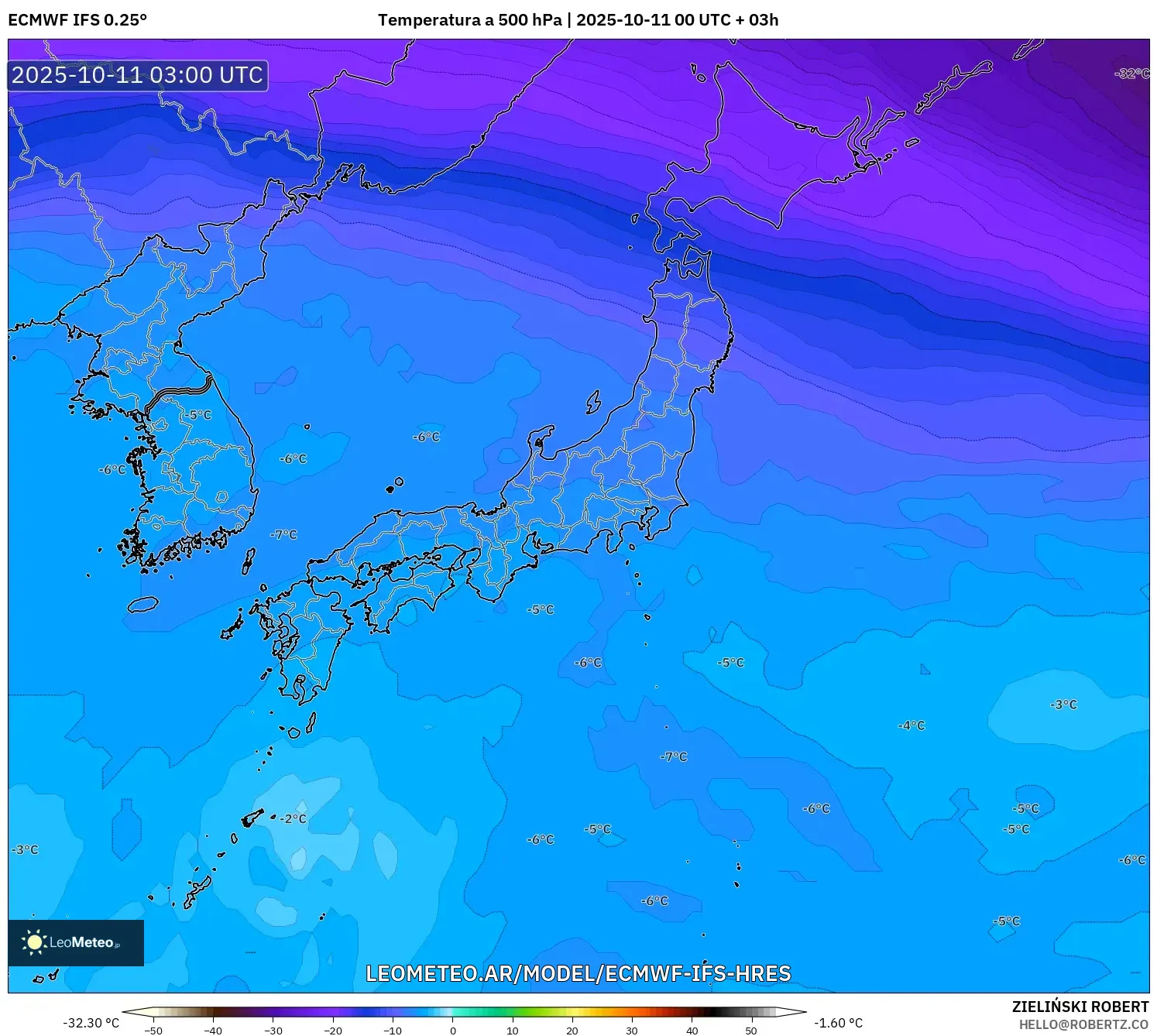ECMWF IFS 0.25° model - Japón, Temperatura a 500 hPa ECMWF IFS 0.25° model - Japón, Temperatura a 500 hPa
