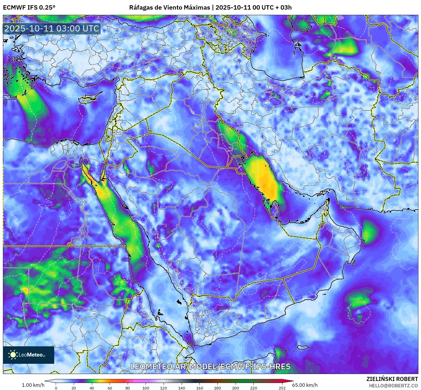 ECMWF IFS 0.25° model - Oriente Medio, Ráfagas de Viento Máximas ECMWF IFS 0.25° model - Oriente Medio, Ráfagas de Viento Máximas