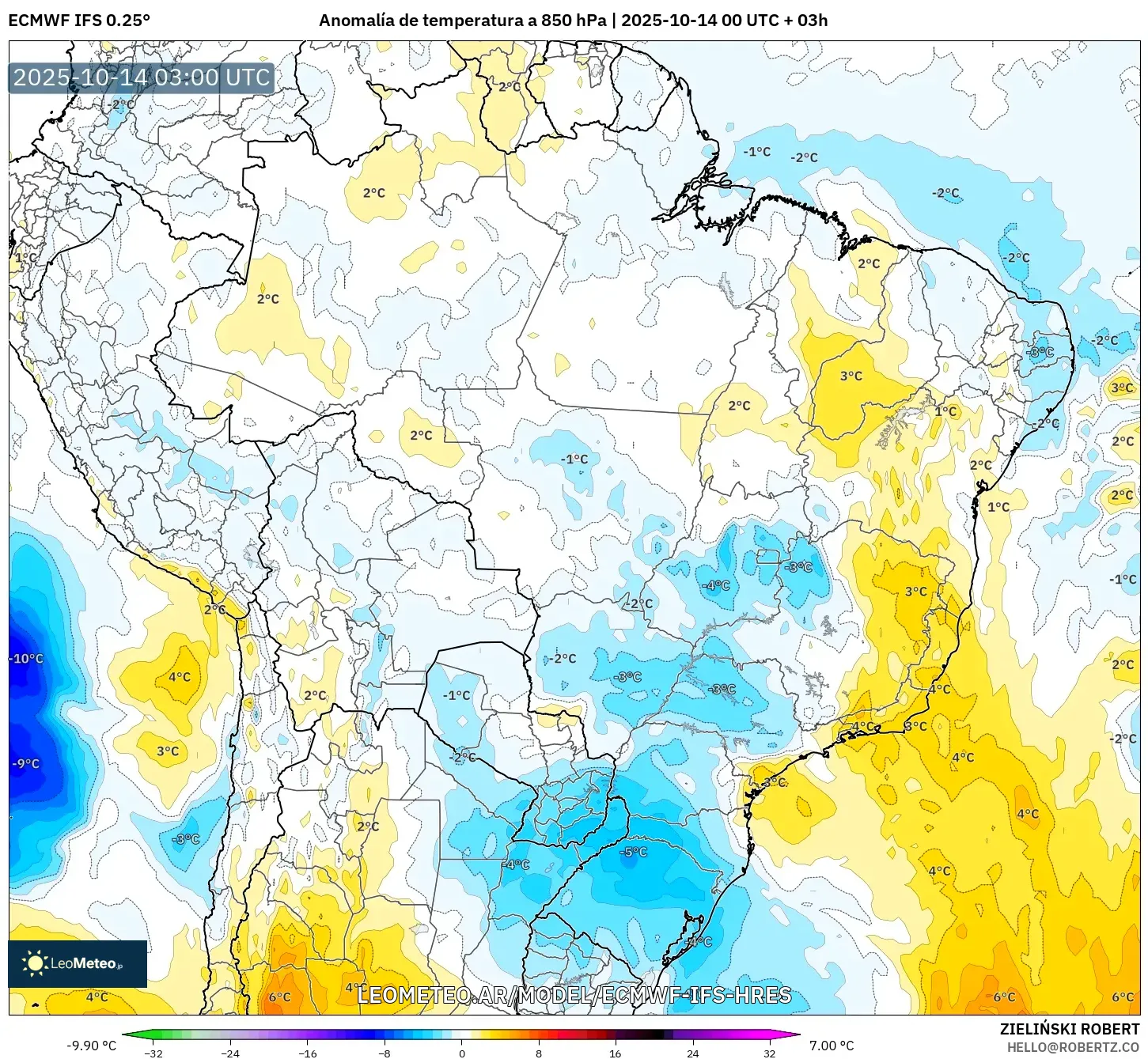 ECMWF IFS 0.25° model - Brasil, Anomalía de temperatura a 850 hPa ECMWF IFS 0.25° model - Brasil, Anomalía de temperatura a 850 hPa