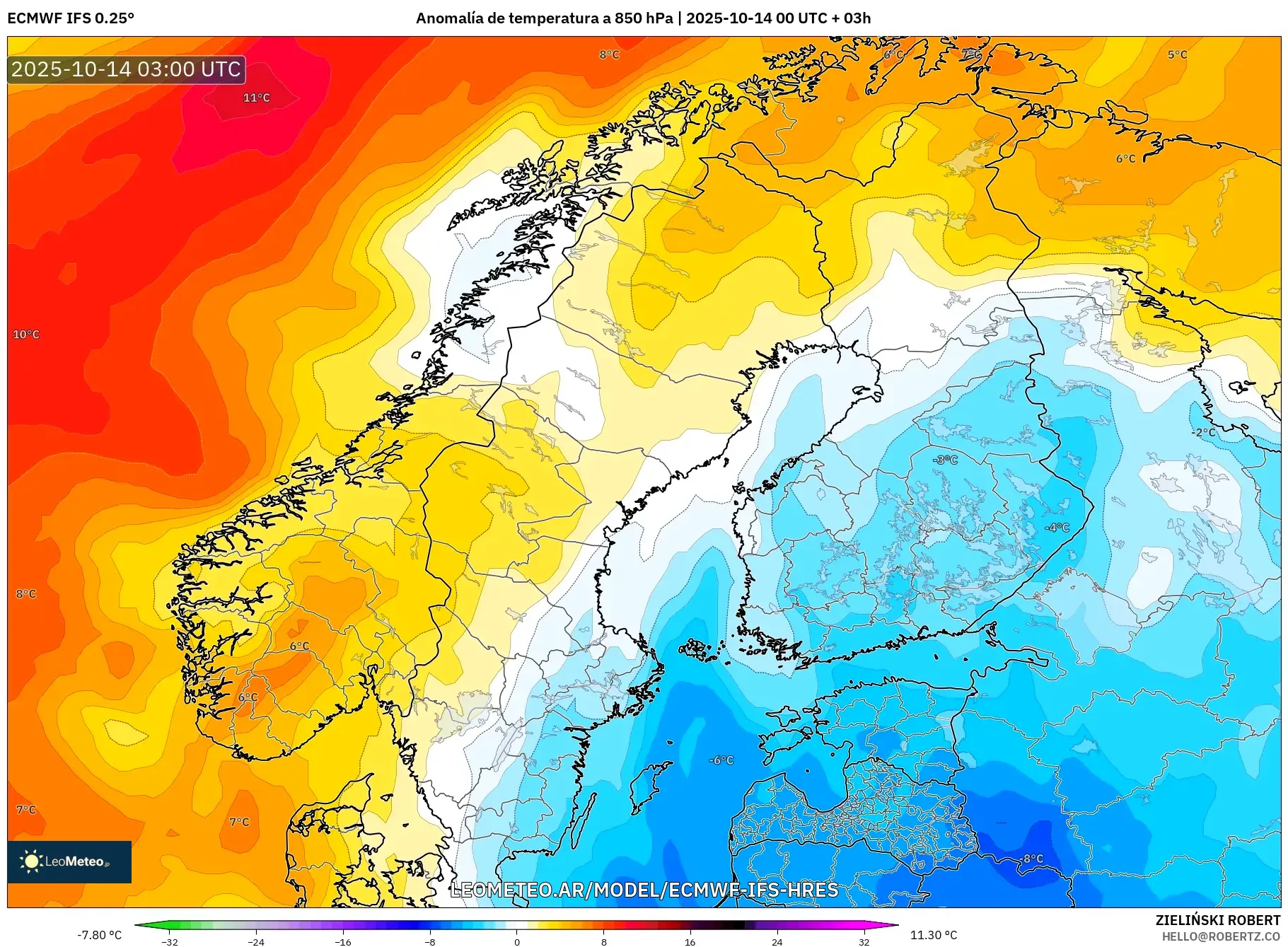ECMWF IFS 0.25° model - Escandinavia, Anomalía de temperatura a 850 hPa ECMWF IFS 0.25° model - Escandinavia, Anomalía de temperatura a 850 hPa