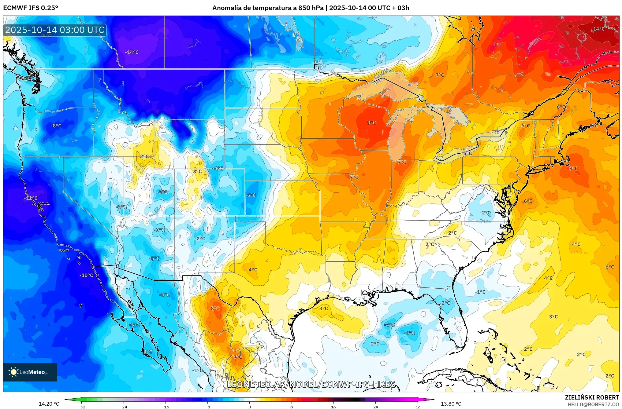 ECMWF IFS 0.25° model - Estados Unidos, Anomalía de temperatura a 850 hPa ECMWF IFS 0.25° model - Estados Unidos, Anomalía de temperatura a 850 hPa