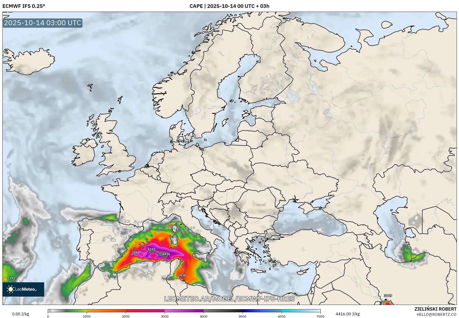 ECMWF IFS 0.25° model - Europa, CAPE ECMWF IFS 0.25° model - Europa, CAPE