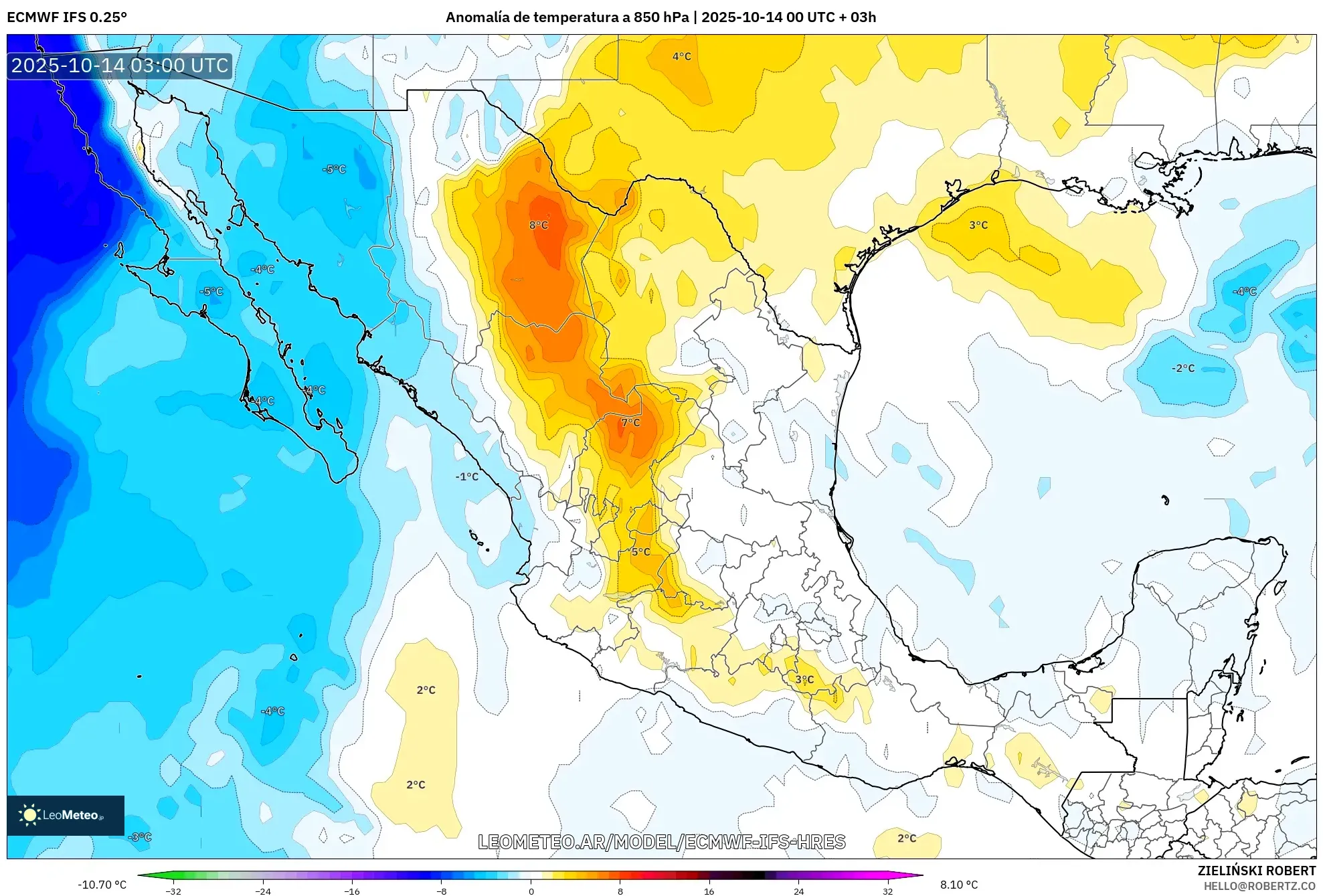 ECMWF IFS 0.25° model - México, Anomalía de temperatura a 850 hPa ECMWF IFS 0.25° model - México, Anomalía de temperatura a 850 hPa