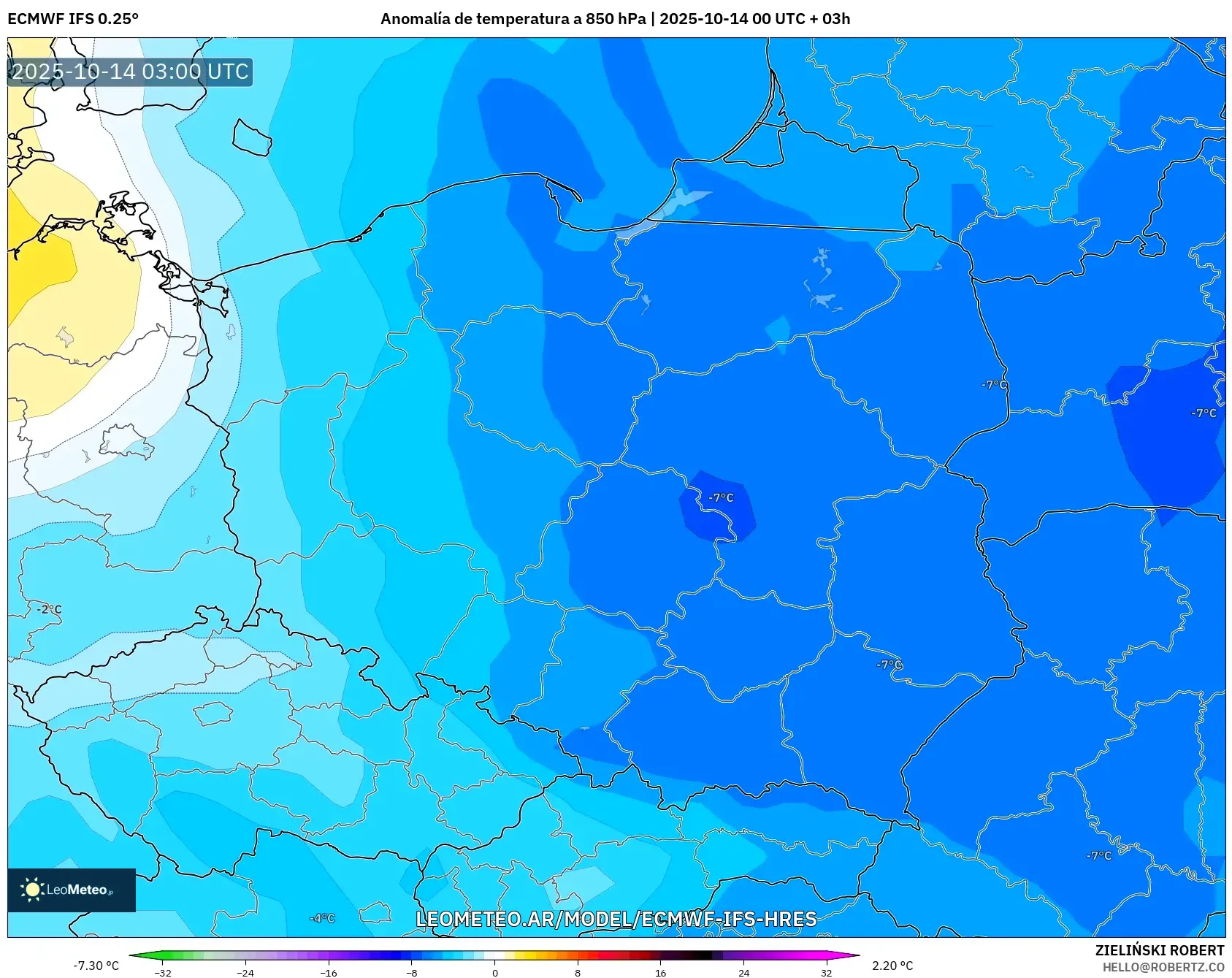 ECMWF IFS 0.25° model - Polonia, Anomalía de temperatura a 850 hPa ECMWF IFS 0.25° model - Polonia, Anomalía de temperatura a 850 hPa