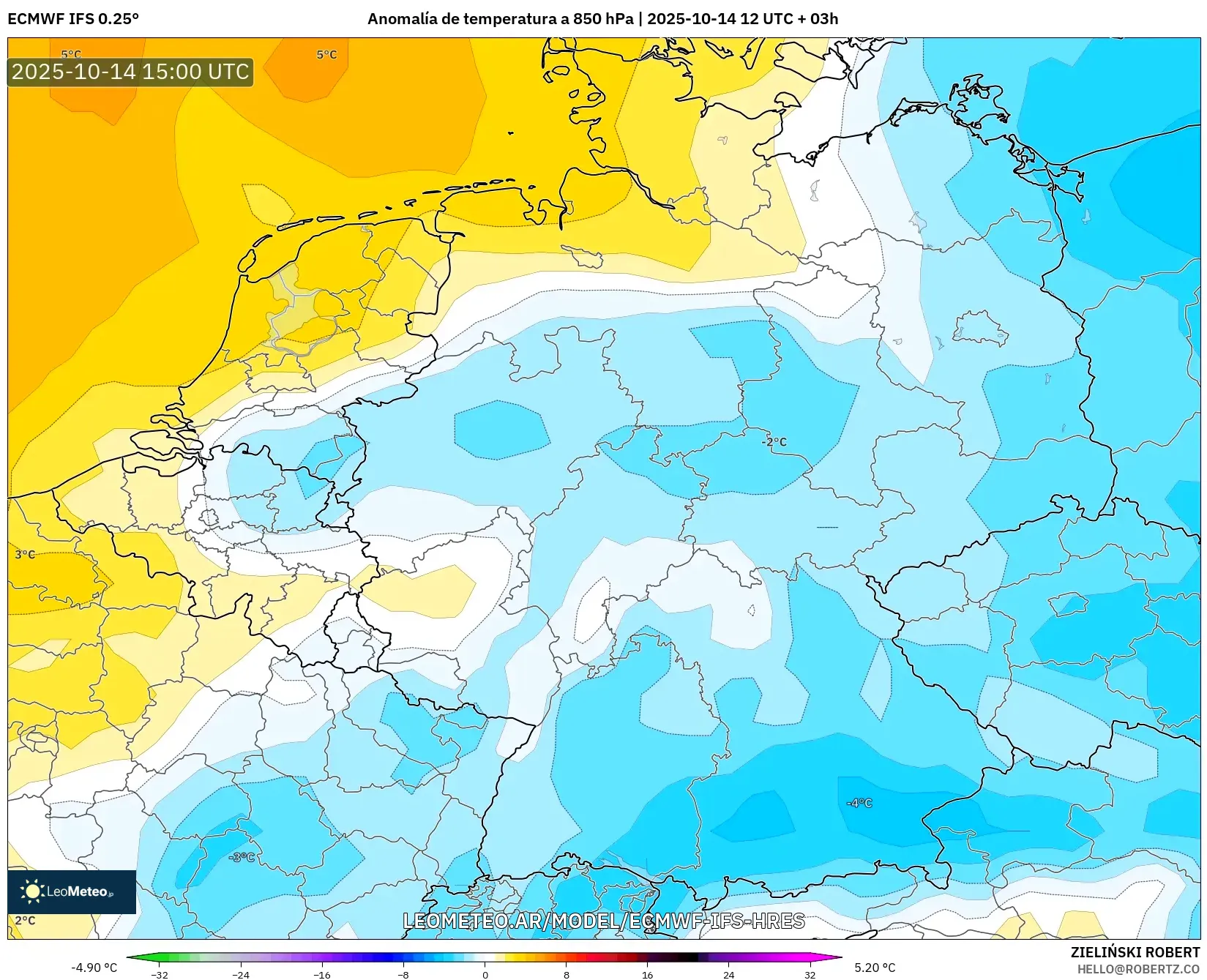 ECMWF IFS 0.25° model - Alemania, Anomalía de temperatura a 850 hPa ECMWF IFS 0.25° model - Alemania, Anomalía de temperatura a 850 hPa