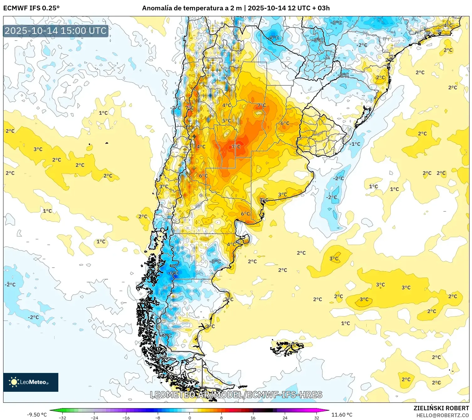 ECMWF IFS 0.25° model - Argentina, Anomalía de temperatura a 2 m ECMWF IFS 0.25° model - Argentina, Anomalía de temperatura a 2 m
