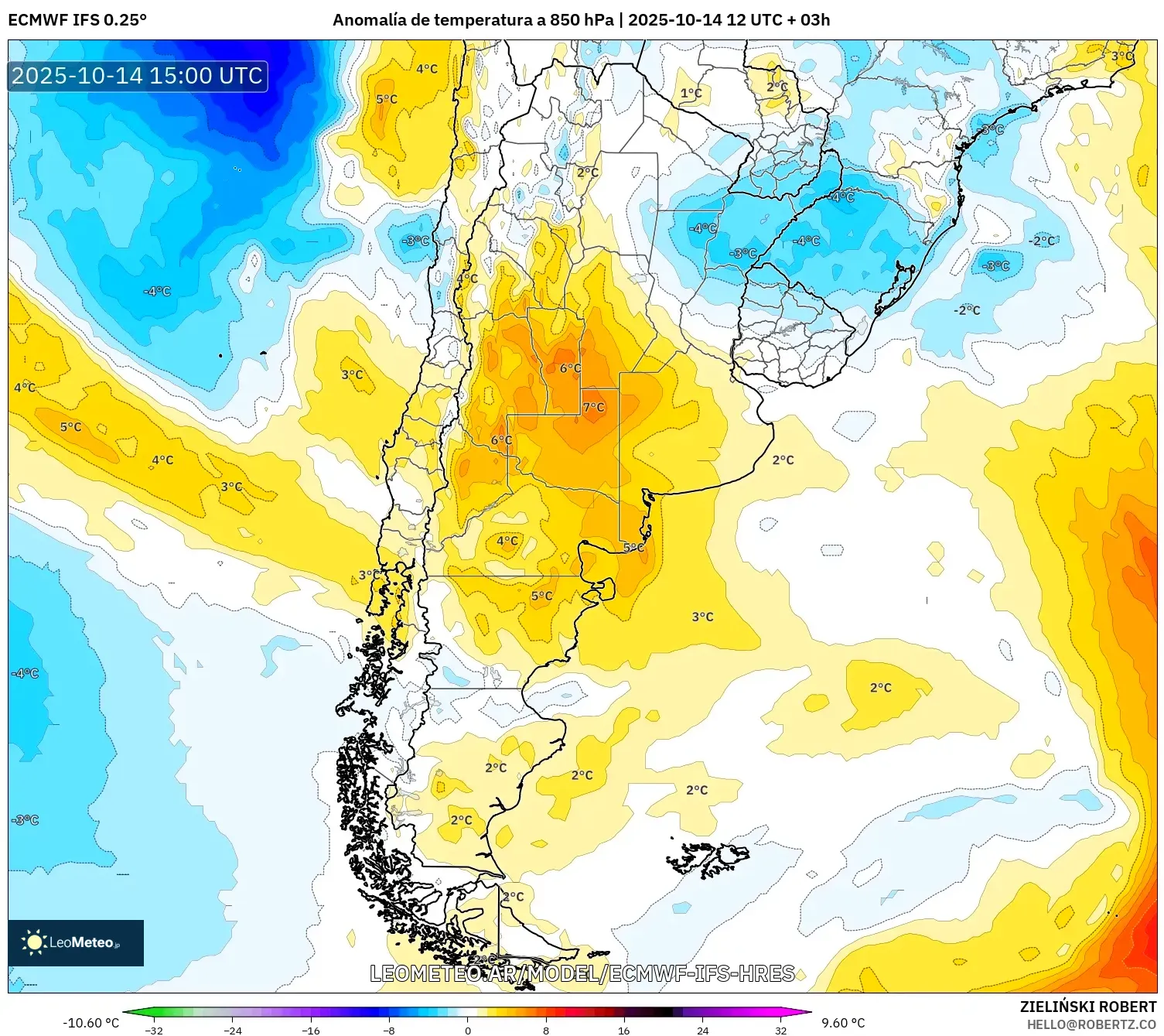 ECMWF IFS 0.25° model - Argentina, Anomalía de temperatura a 850 hPa ECMWF IFS 0.25° model - Argentina, Anomalía de temperatura a 850 hPa