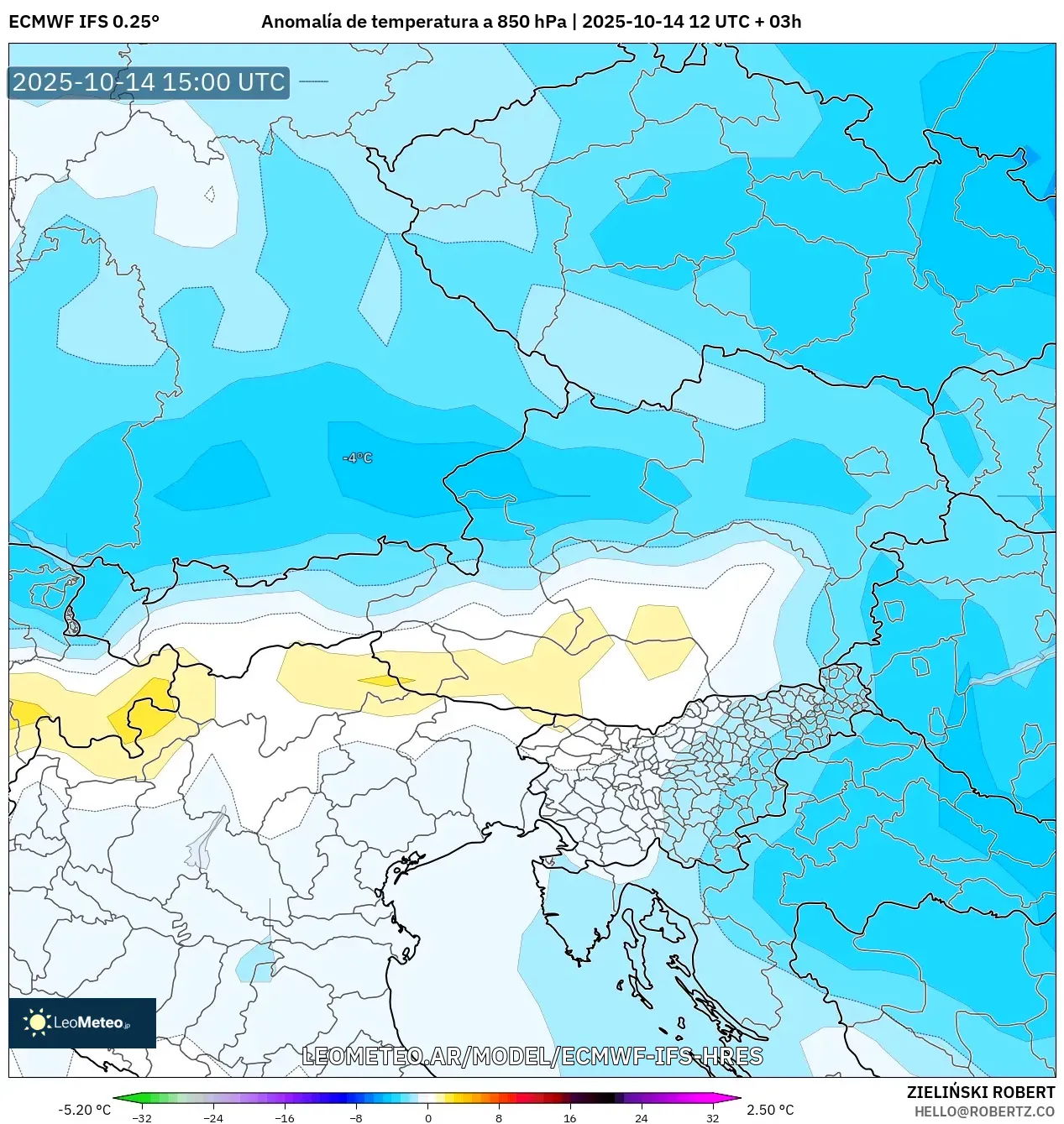ECMWF IFS 0.25° model - Austria, Anomalía de temperatura a 850 hPa ECMWF IFS 0.25° model - Austria, Anomalía de temperatura a 850 hPa