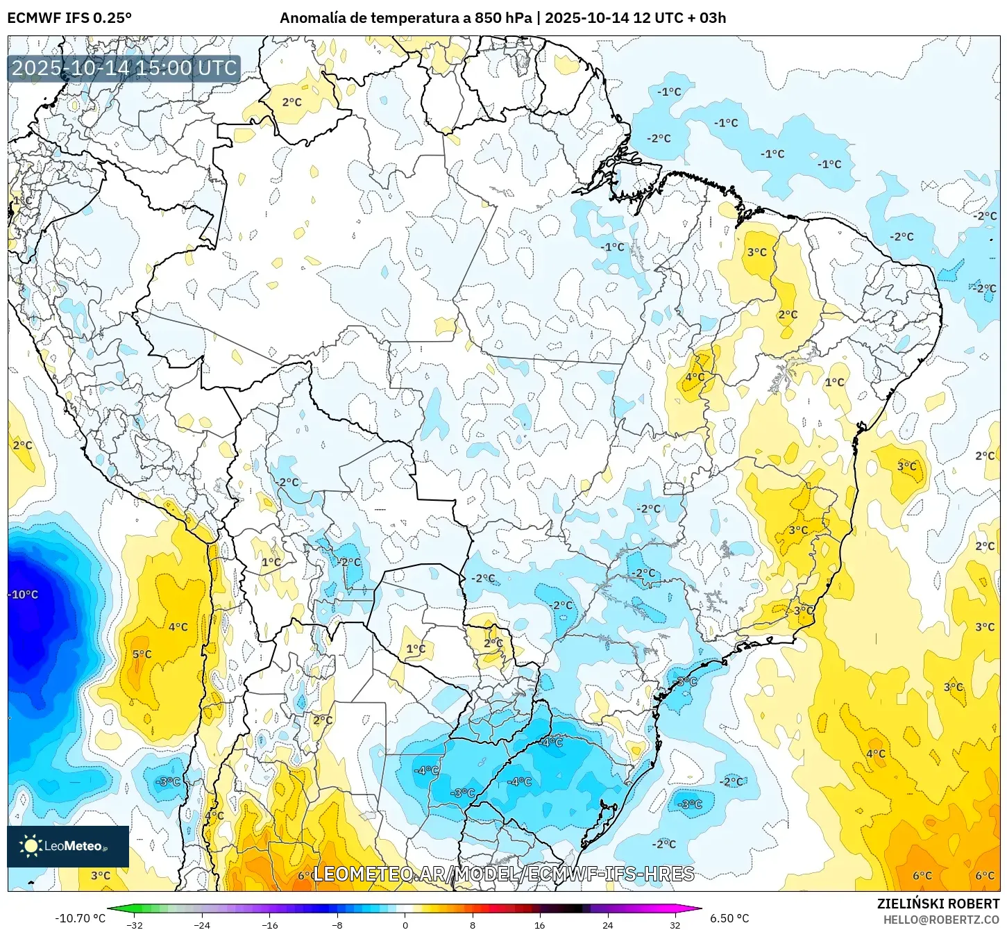 ECMWF IFS 0.25° model - Brasil, Anomalía de temperatura a 850 hPa
