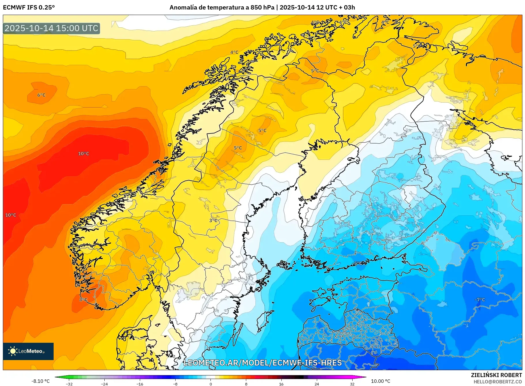 ECMWF IFS 0.25° model - Escandinavia, Anomalía de temperatura a 850 hPa ECMWF IFS 0.25° model - Escandinavia, Anomalía de temperatura a 850 hPa