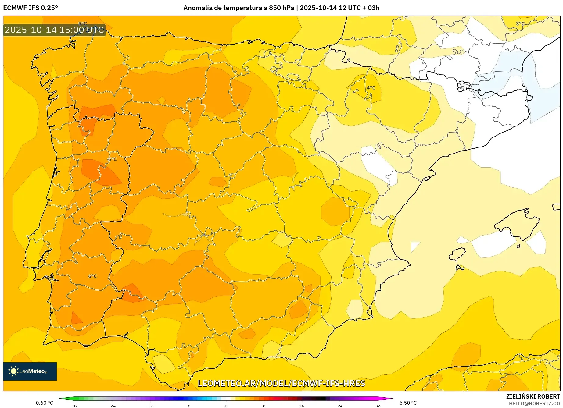 ECMWF IFS 0.25° model - España, Anomalía de temperatura a 850 hPa ECMWF IFS 0.25° model - España, Anomalía de temperatura a 850 hPa