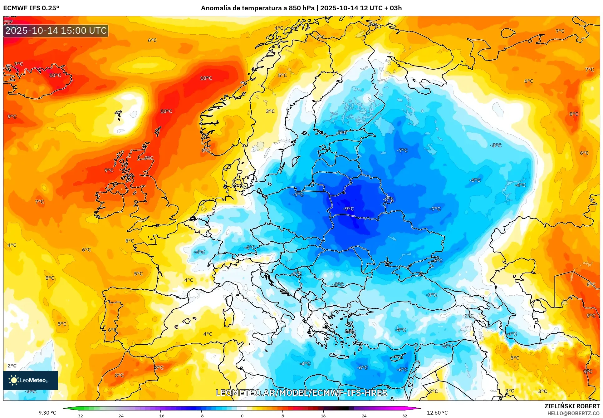 ECMWF IFS 0.25° model - Europa, Anomalía de temperatura a 850 hPa ECMWF IFS 0.25° model - Europa, Anomalía de temperatura a 850 hPa