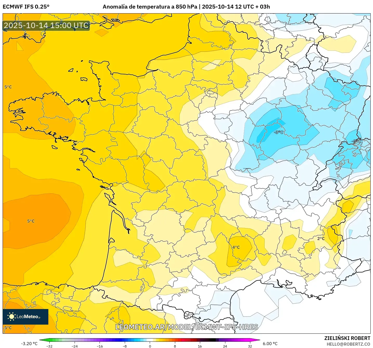 ECMWF IFS 0.25° model - Francia, Anomalía de temperatura a 850 hPa