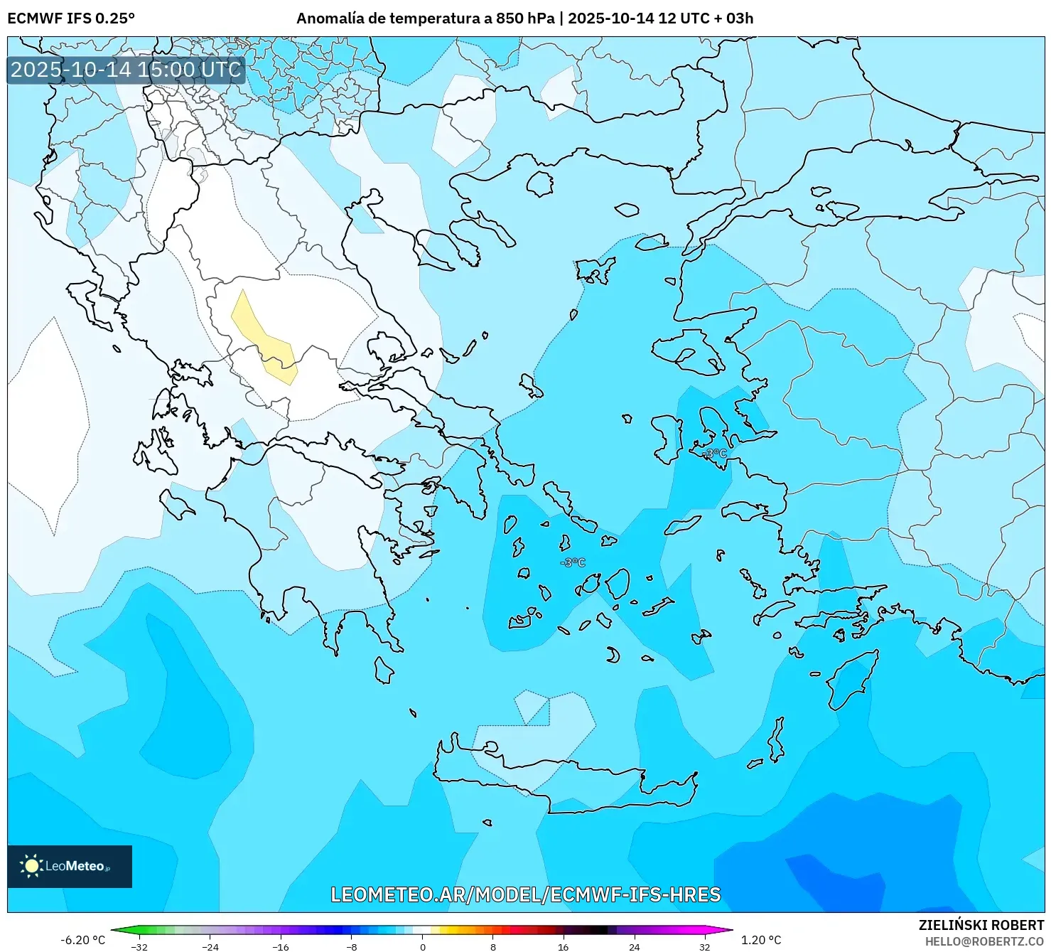ECMWF IFS 0.25° model - Grecia, Anomalía de temperatura a 850 hPa ECMWF IFS 0.25° model - Grecia, Anomalía de temperatura a 850 hPa