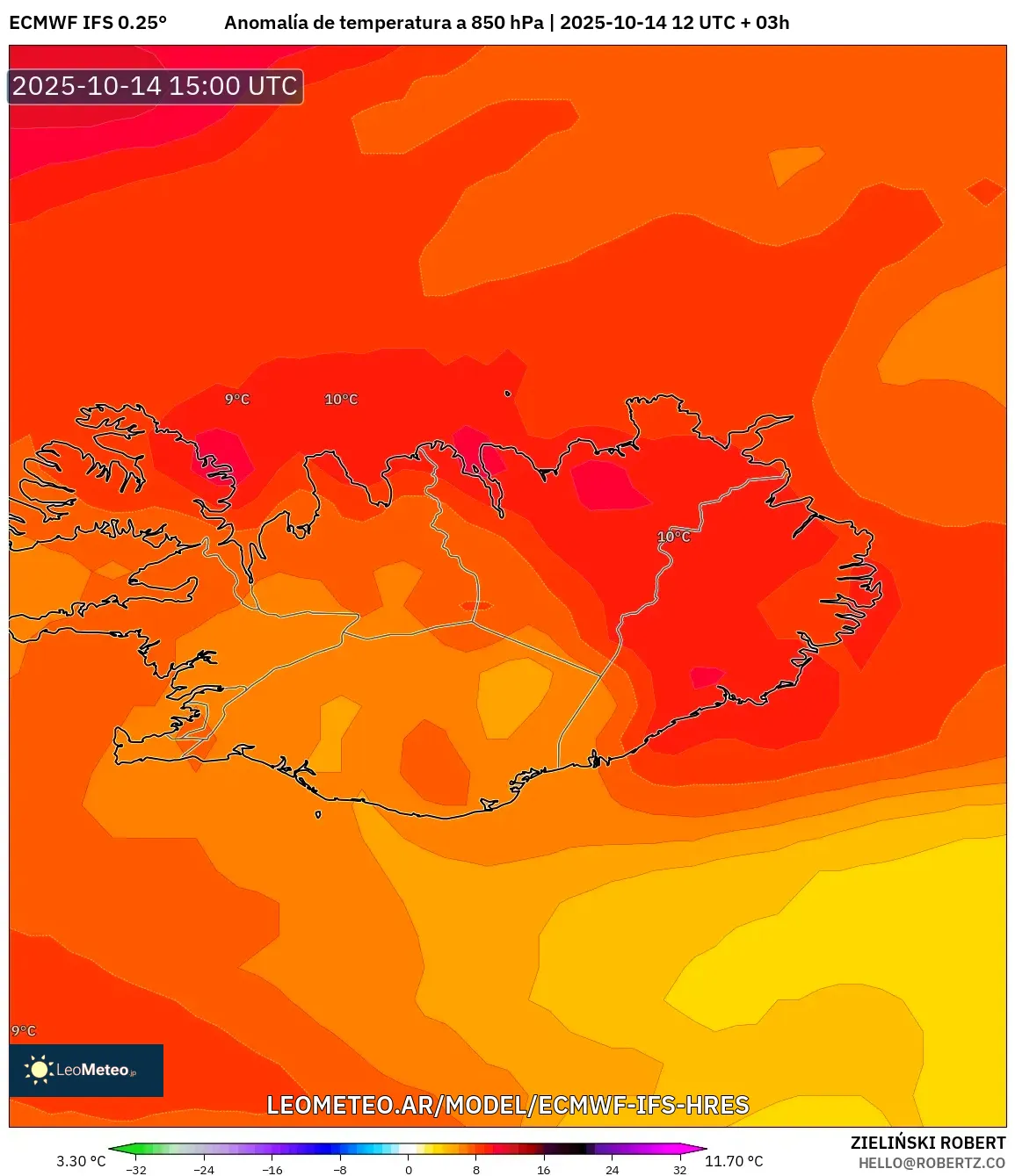ECMWF IFS 0.25° model - Islandia, Anomalía de temperatura a 850 hPa ECMWF IFS 0.25° model - Islandia, Anomalía de temperatura a 850 hPa