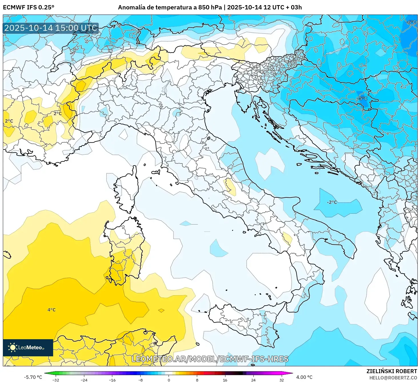 ECMWF IFS 0.25° model - Italia, Anomalía de temperatura a 850 hPa