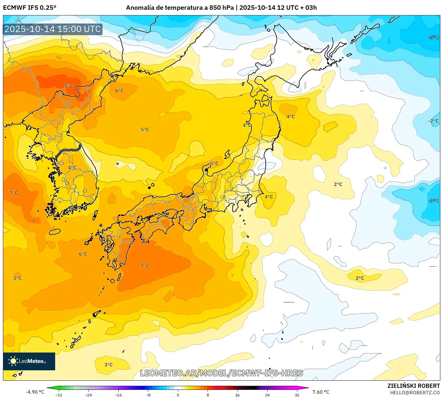 ECMWF IFS 0.25° model - Japón, Anomalía de temperatura a 850 hPa ECMWF IFS 0.25° model - Japón, Anomalía de temperatura a 850 hPa