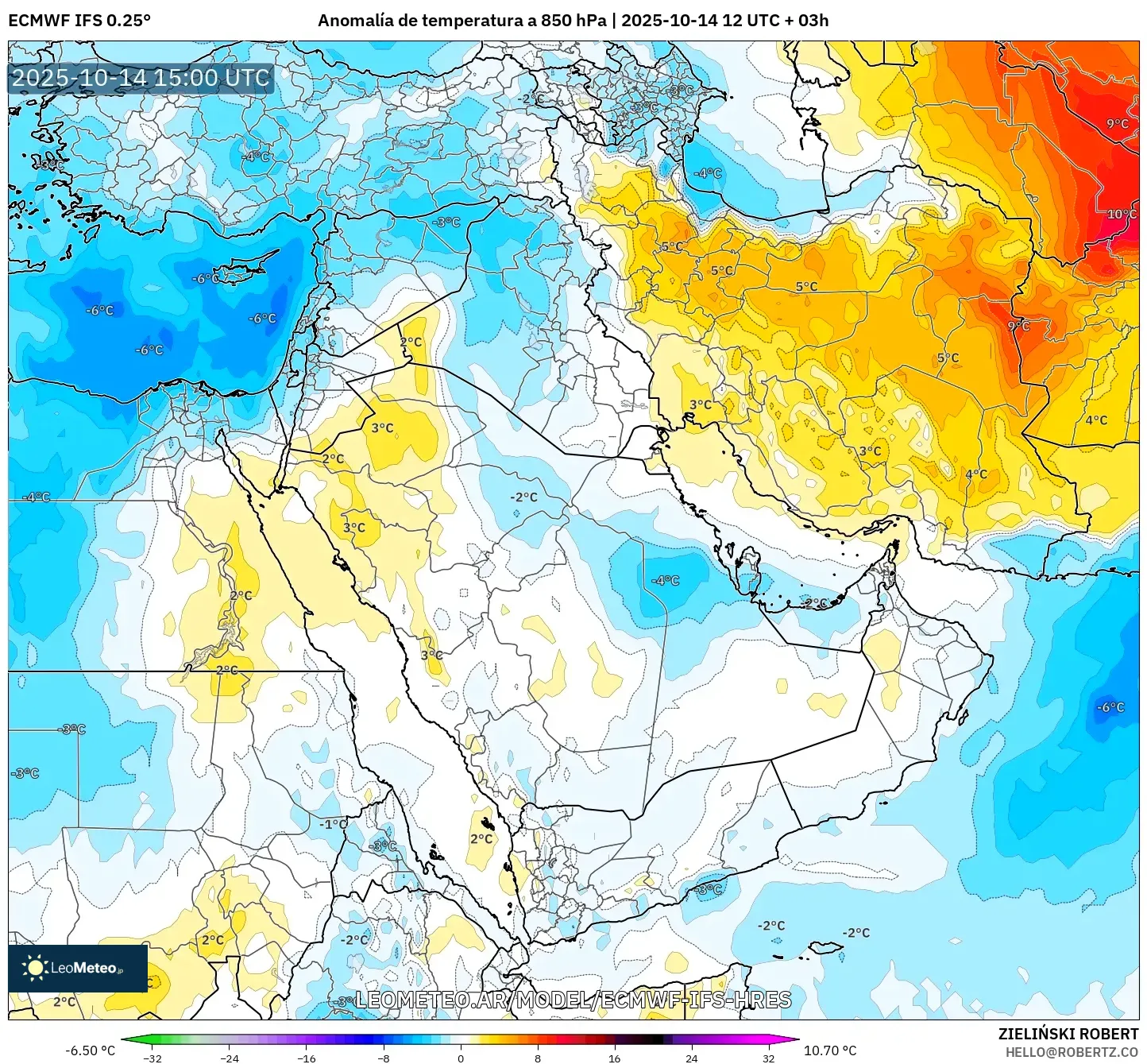 ECMWF IFS 0.25° model - Oriente Medio, Anomalía de temperatura a 850 hPa ECMWF IFS 0.25° model - Oriente Medio, Anomalía de temperatura a 850 hPa