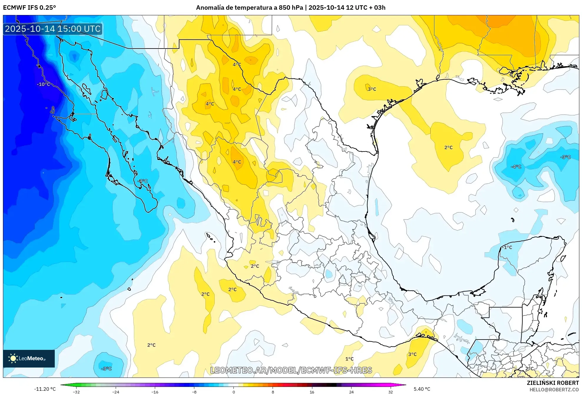 ECMWF IFS 0.25° model - México, Anomalía de temperatura a 850 hPa ECMWF IFS 0.25° model - México, Anomalía de temperatura a 850 hPa