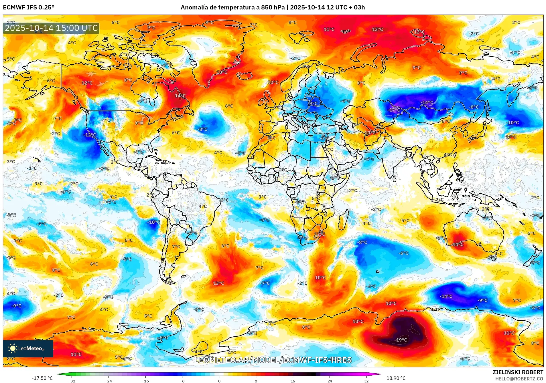 ECMWF IFS 0.25° model - Mundo, Anomalía de temperatura a 850 hPa