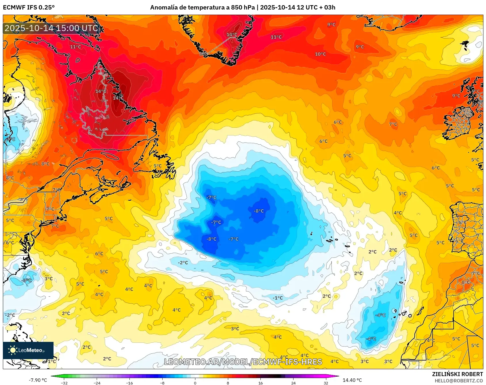 ECMWF IFS 0.25° model - Norte Atlántico, Anomalía de temperatura a 850 hPa