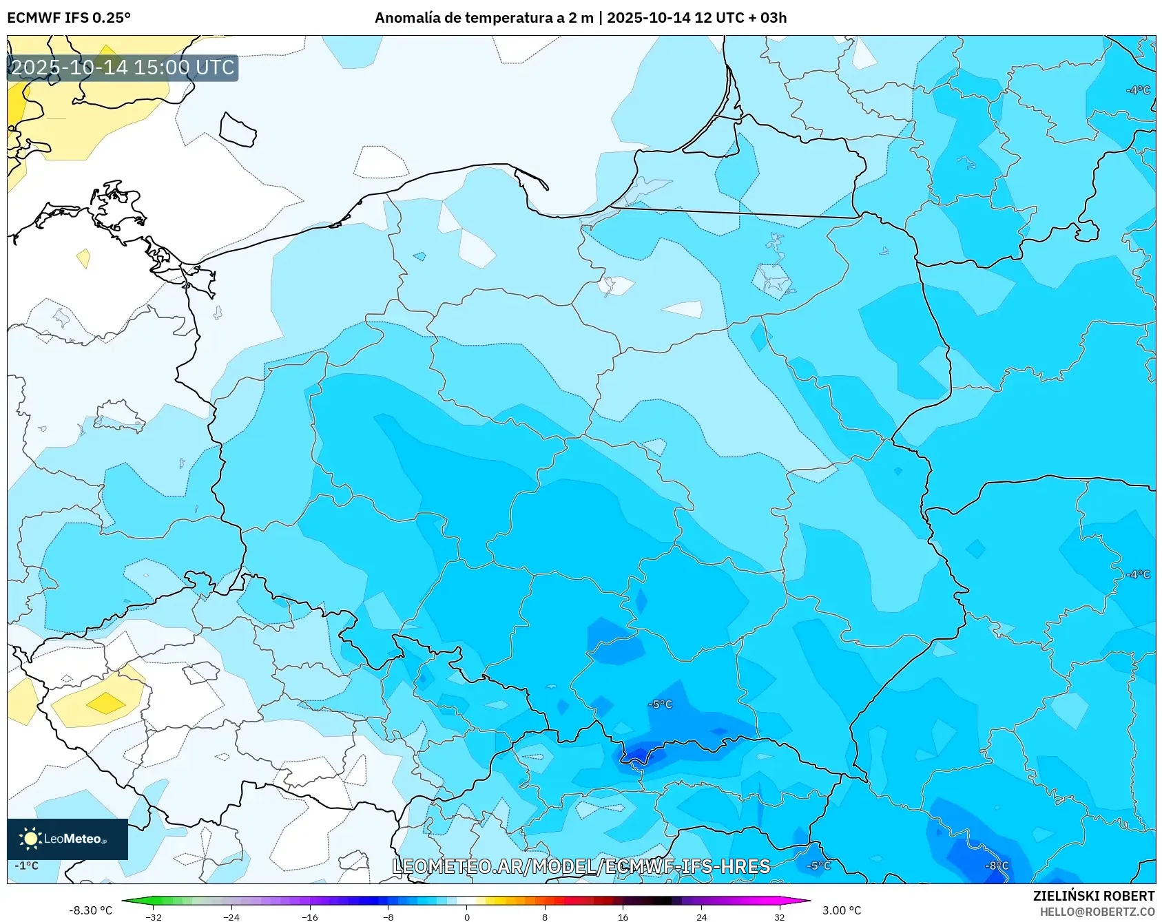 ECMWF IFS 0.25° model - Polonia, Anomalía de temperatura a 2 m ECMWF IFS 0.25° model - Polonia, Anomalía de temperatura a 2 m