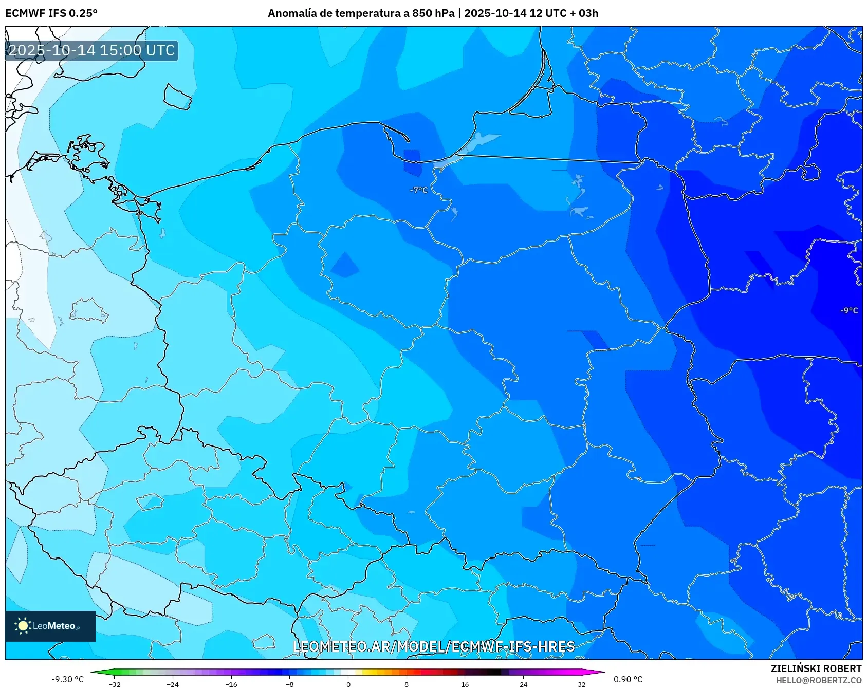 ECMWF IFS 0.25° model - Polonia, Anomalía de temperatura a 850 hPa