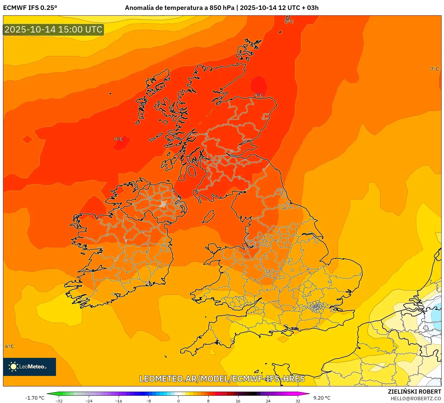 ECMWF IFS 0.25° model - Reino Unido, Anomalía de temperatura a 850 hPa