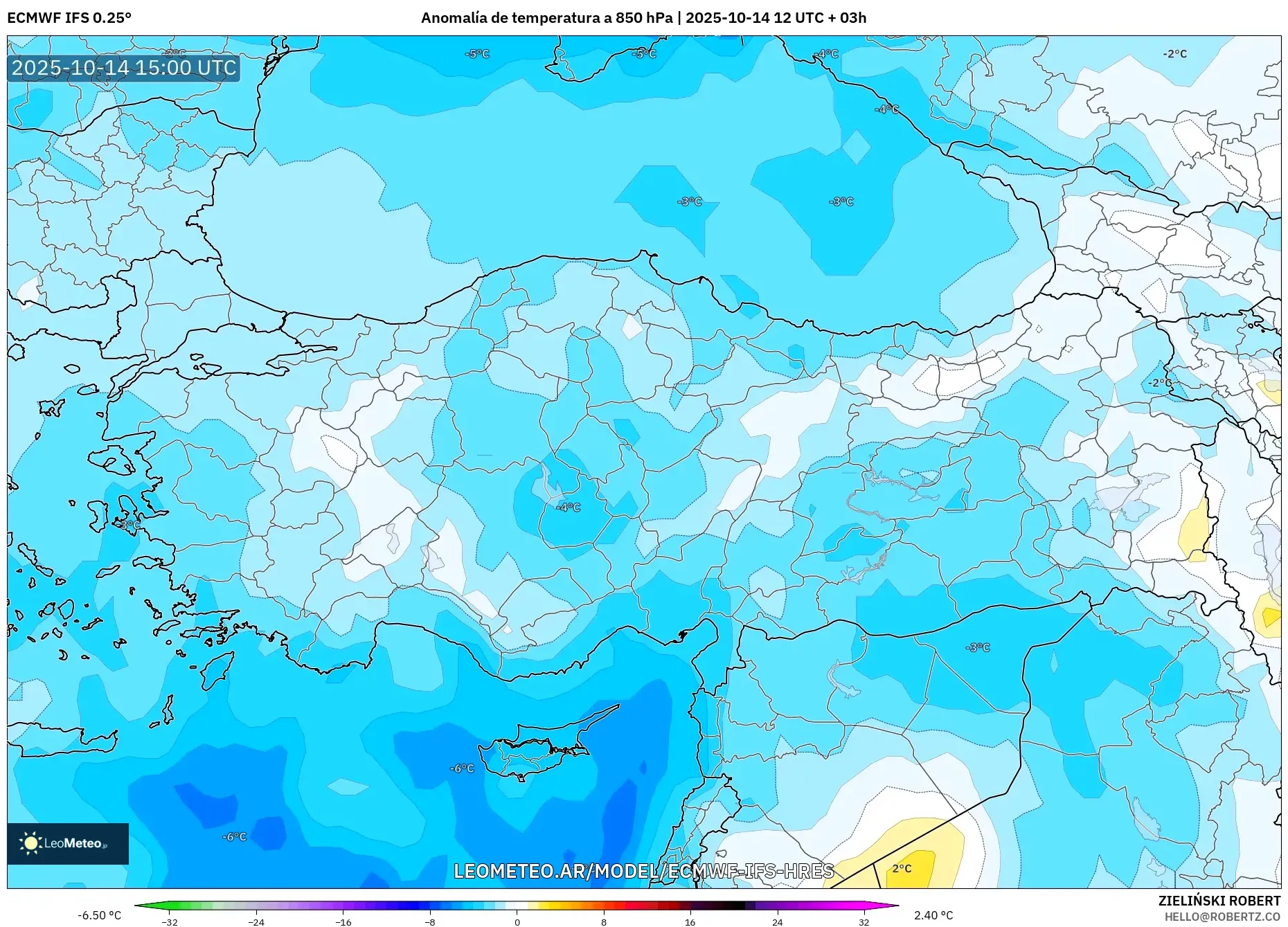 ECMWF IFS 0.25° model - Turquía, Anomalía de temperatura a 850 hPa ECMWF IFS 0.25° model - Turquía, Anomalía de temperatura a 850 hPa