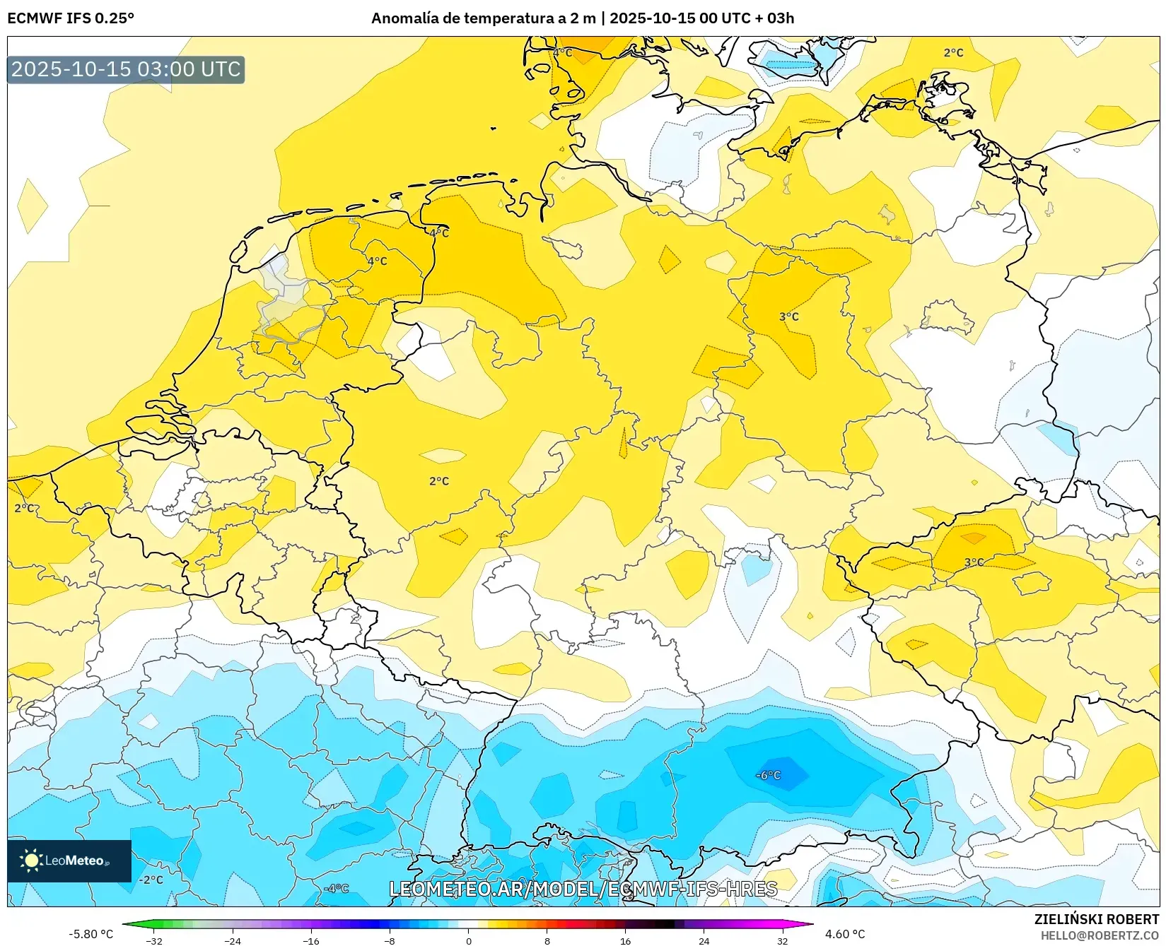 ECMWF IFS 0.25° model - Alemania, Anomalía de temperatura a 2 m