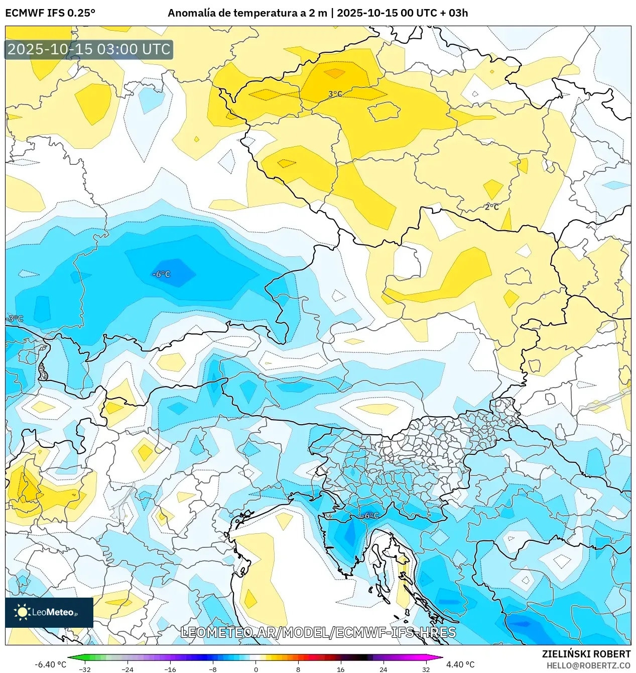 ECMWF IFS 0.25° model - Austria, Anomalía de temperatura a 2 m ECMWF IFS 0.25° model - Austria, Anomalía de temperatura a 2 m