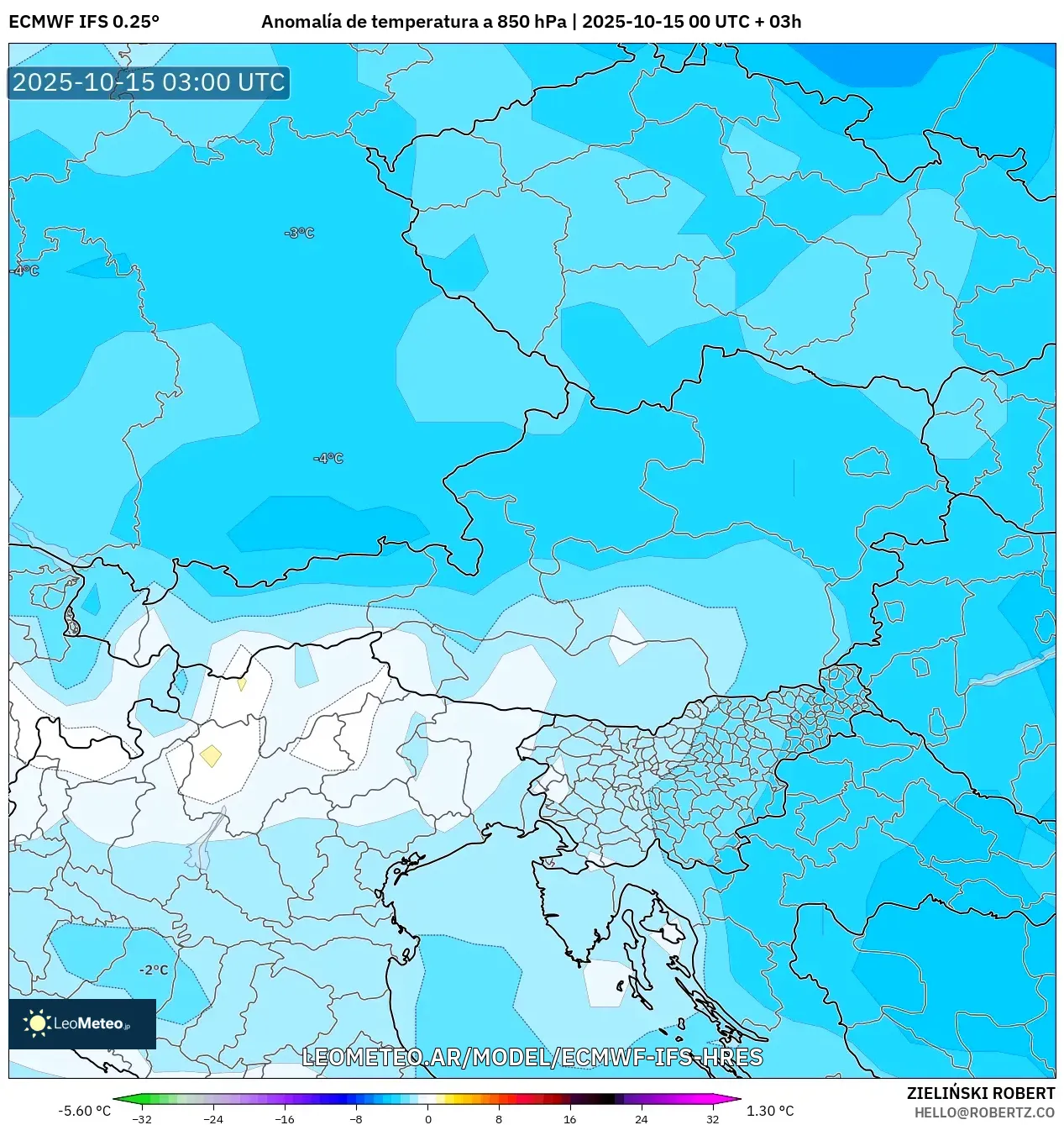 ECMWF IFS 0.25° model - Austria, Anomalía de temperatura a 850 hPa ECMWF IFS 0.25° model - Austria, Anomalía de temperatura a 850 hPa