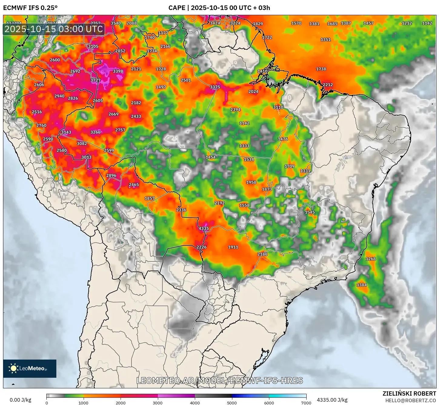 ECMWF IFS 0.25° model - Brasil, CAPE ECMWF IFS 0.25° model - Brasil, CAPE