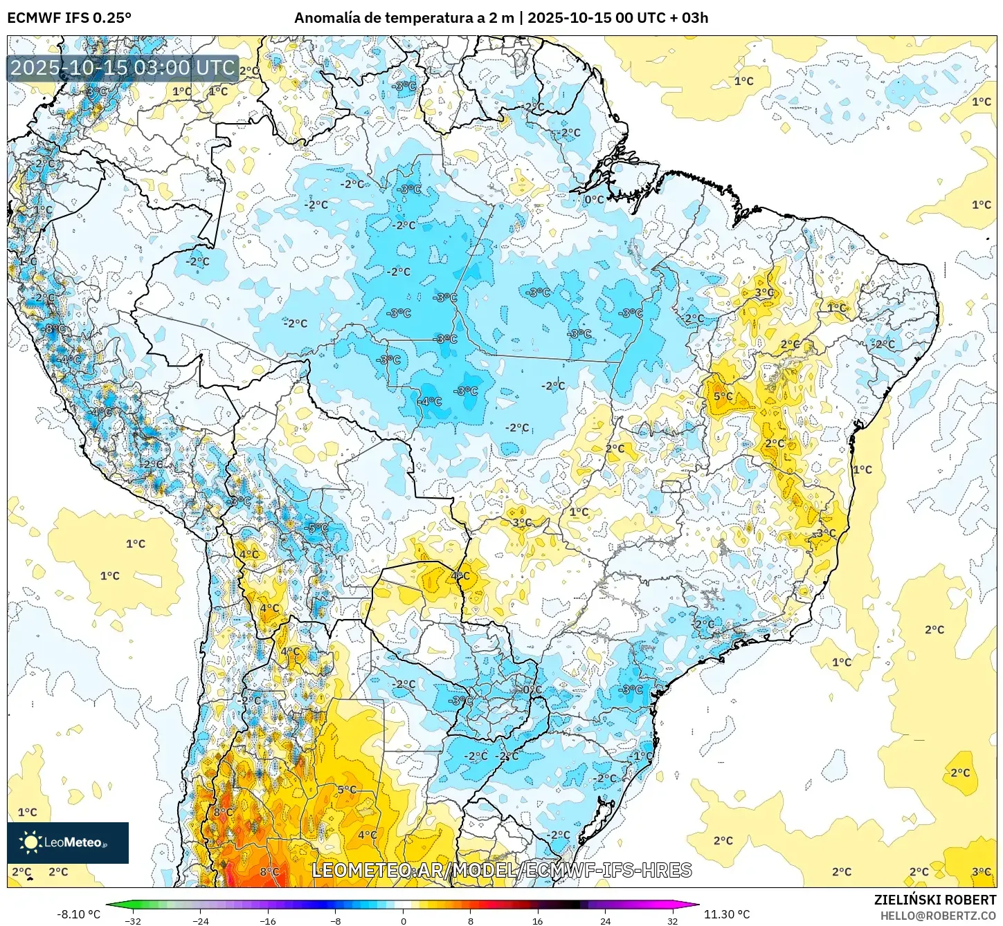 ECMWF IFS 0.25° model - Brasil, Anomalía de temperatura a 2 m
