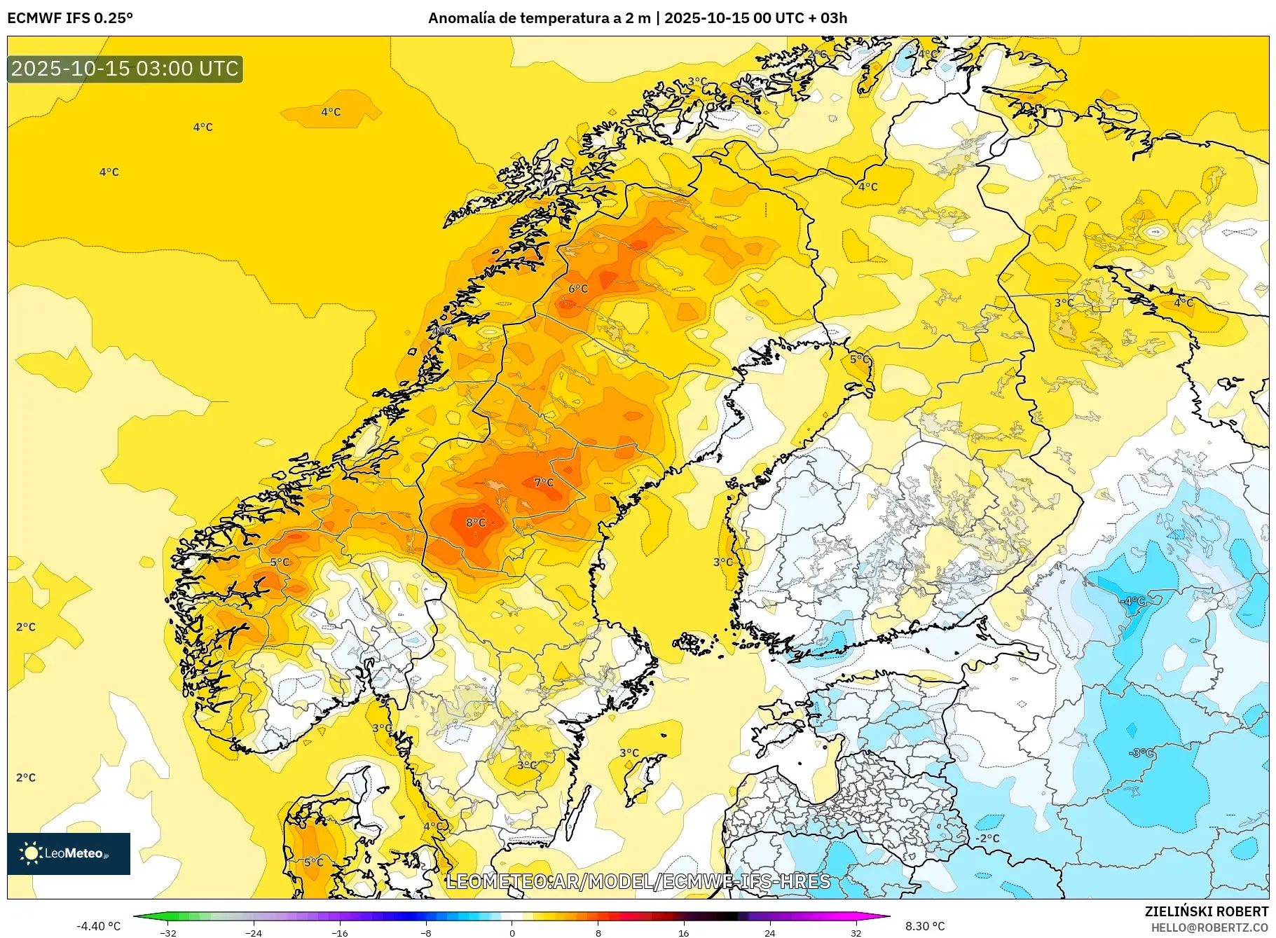 ECMWF IFS 0.25° model - Escandinavia, Anomalía de temperatura a 2 m ECMWF IFS 0.25° model - Escandinavia, Anomalía de temperatura a 2 m