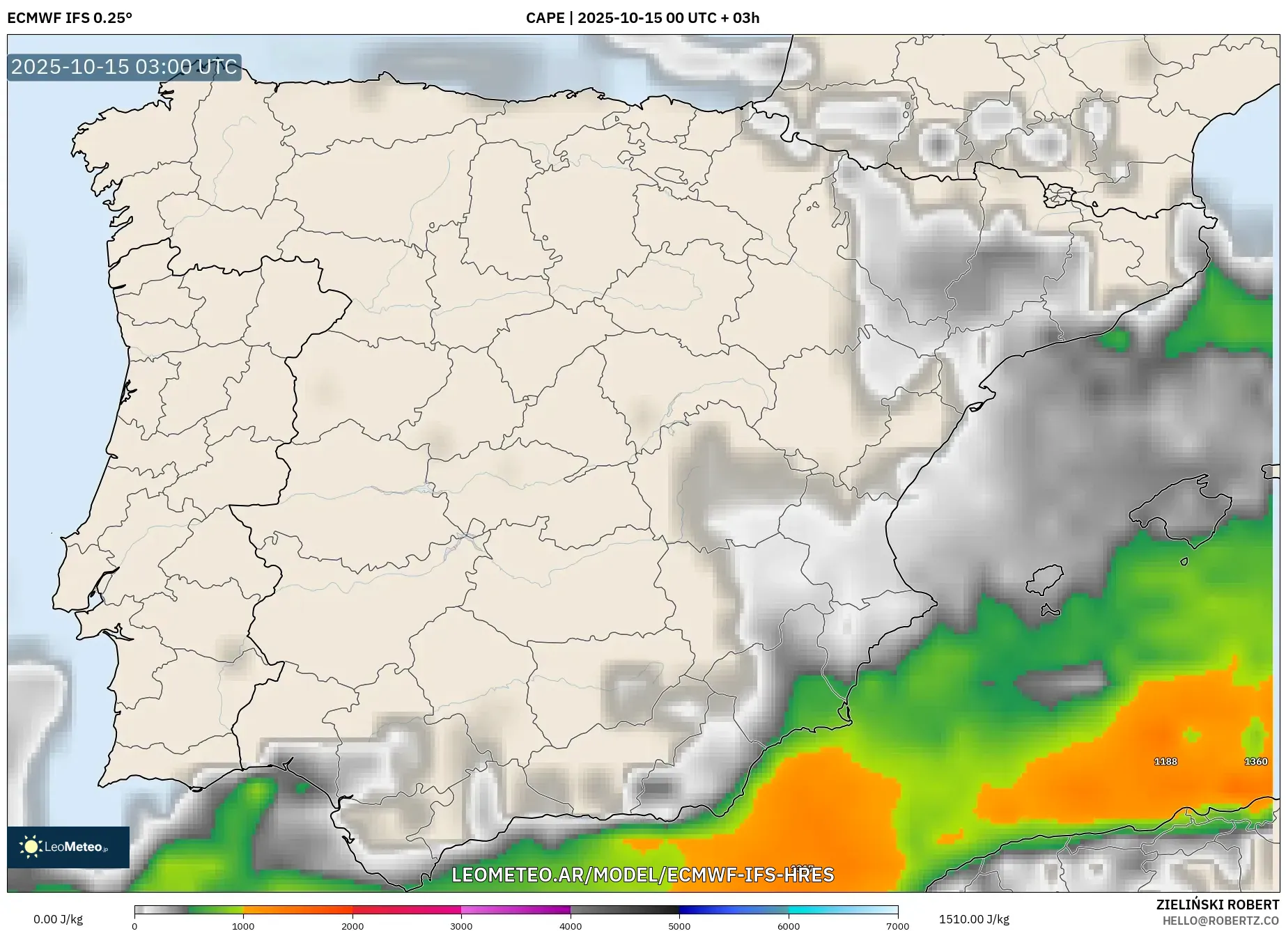 ECMWF IFS 0.25° model - España, CAPE ECMWF IFS 0.25° model - España, CAPE