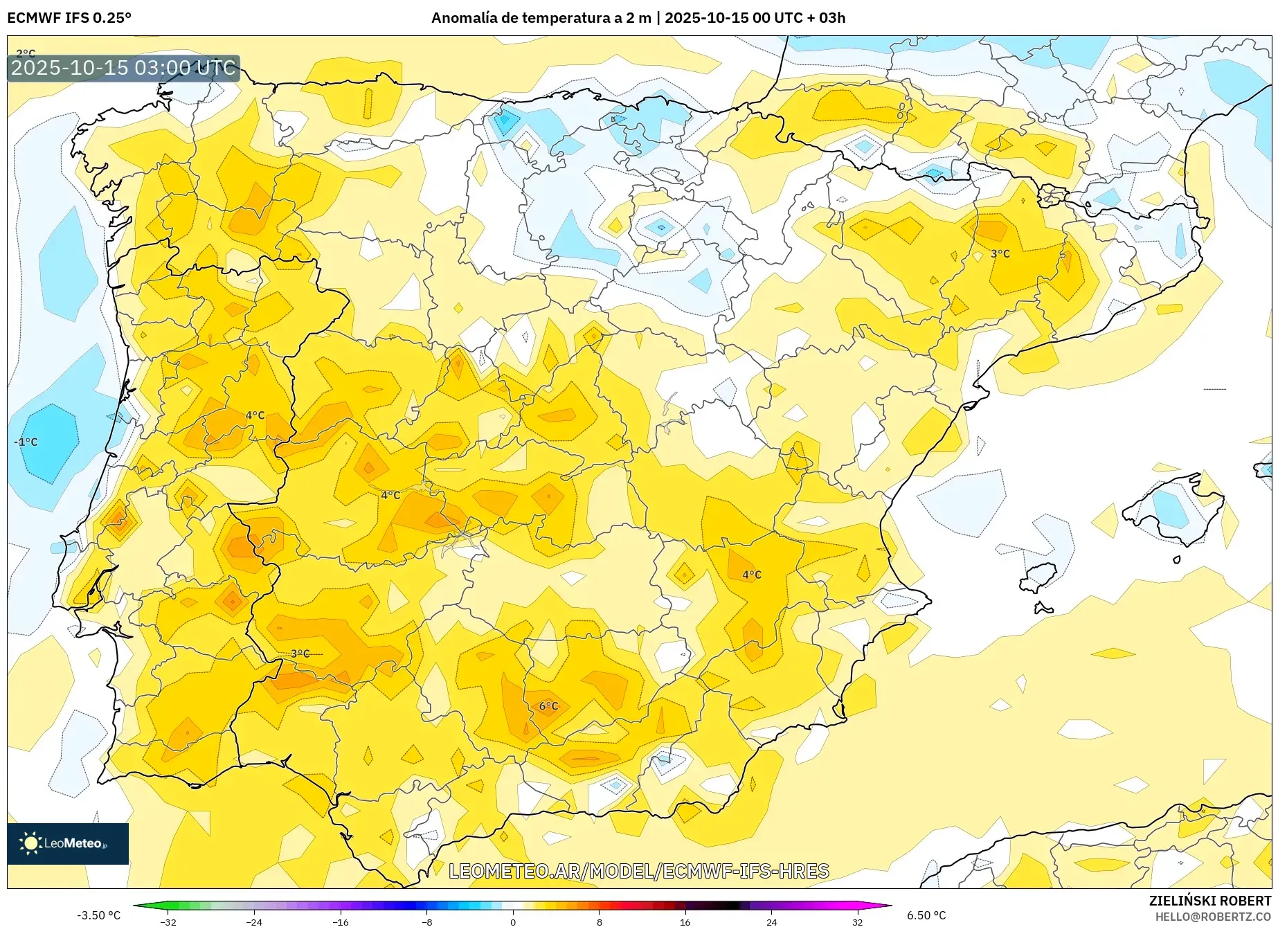 ECMWF IFS 0.25° model - España, Anomalía de temperatura a 2 m