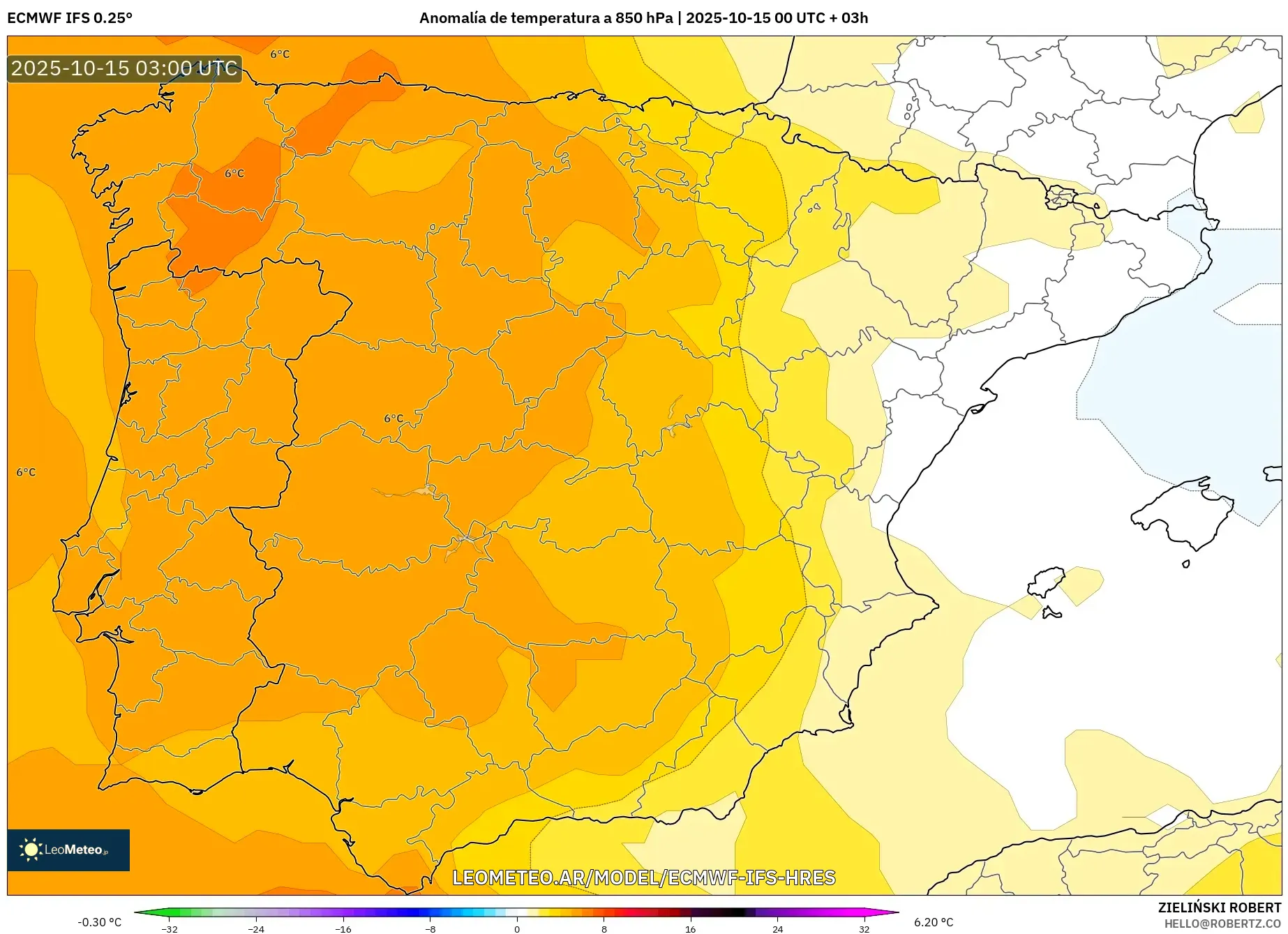 ECMWF IFS 0.25° model - España, Anomalía de temperatura a 850 hPa ECMWF IFS 0.25° model - España, Anomalía de temperatura a 850 hPa