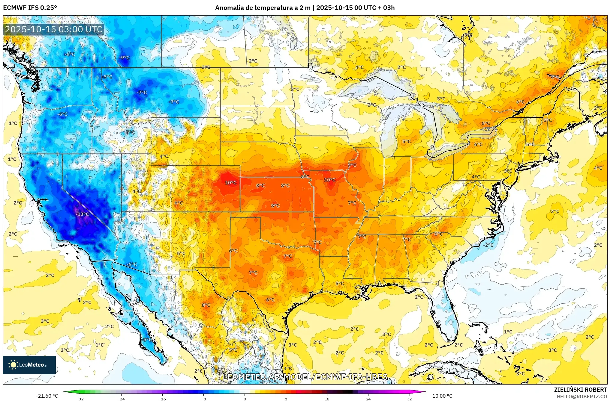 ECMWF IFS 0.25° model - Estados Unidos, Anomalía de temperatura a 2 m
