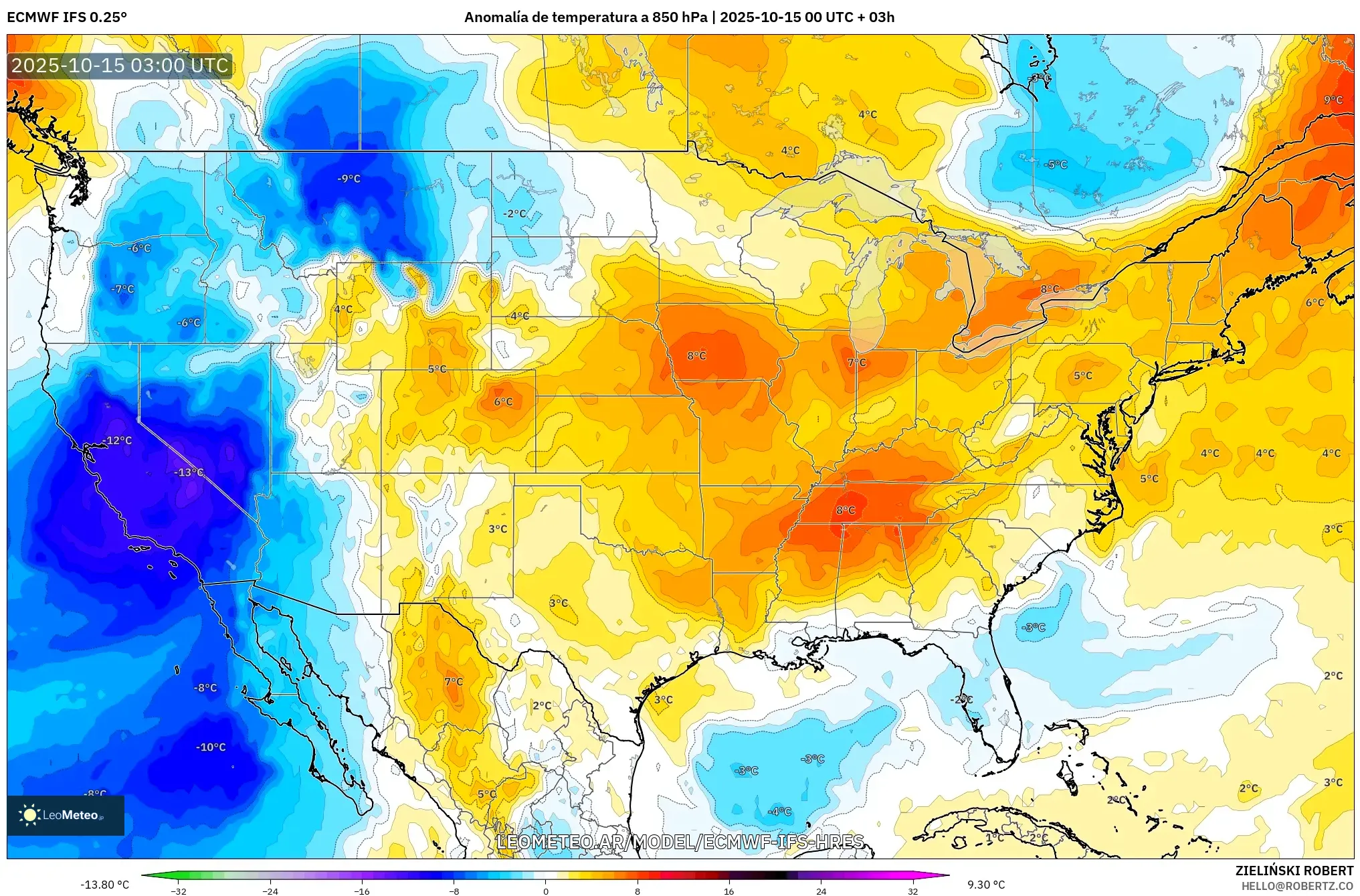 ECMWF IFS 0.25° model - Estados Unidos, Anomalía de temperatura a 850 hPa