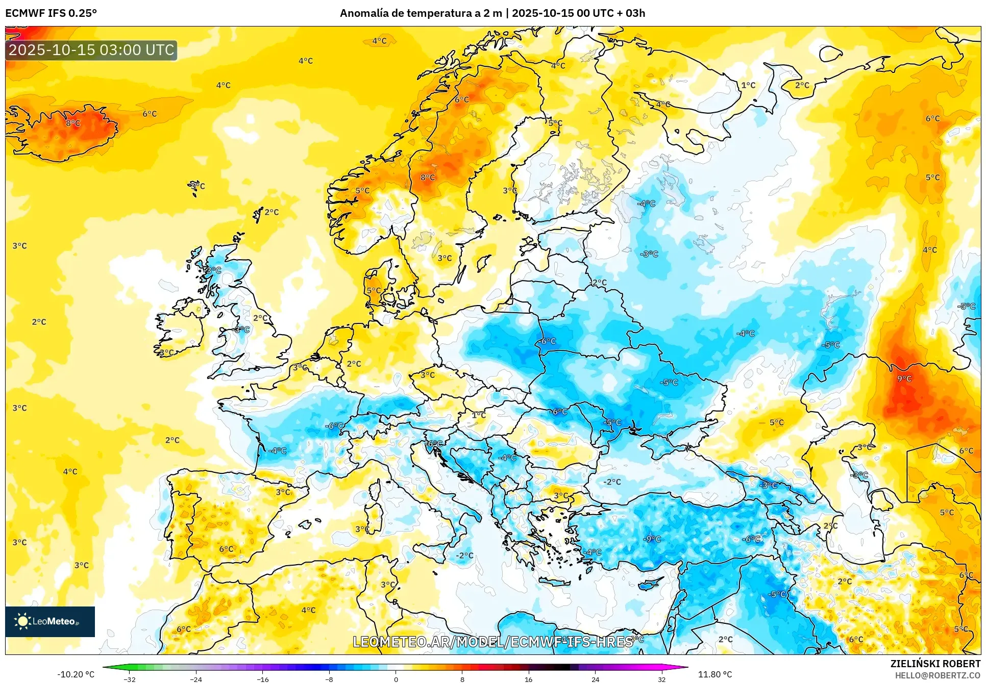 ECMWF IFS 0.25° model - Europa, Anomalía de temperatura a 2 m