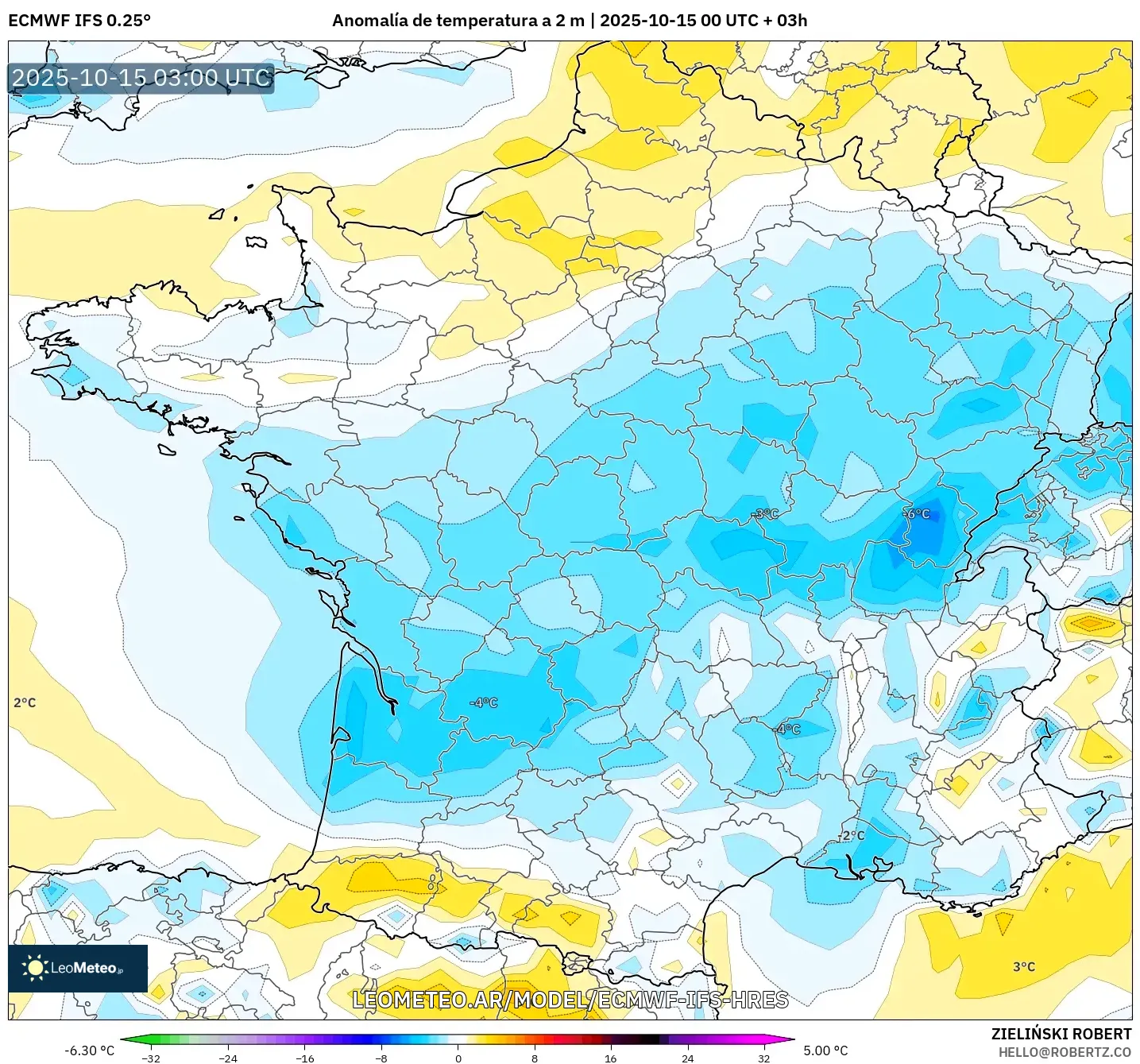ECMWF IFS 0.25° model - Francia, Anomalía de temperatura a 2 m ECMWF IFS 0.25° model - Francia, Anomalía de temperatura a 2 m