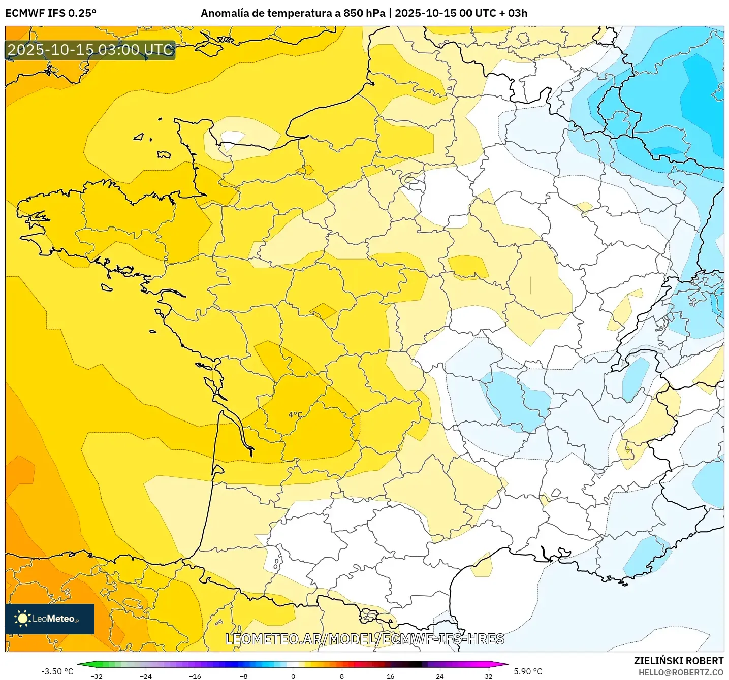 ECMWF IFS 0.25° model - Francia, Anomalía de temperatura a 850 hPa ECMWF IFS 0.25° model - Francia, Anomalía de temperatura a 850 hPa