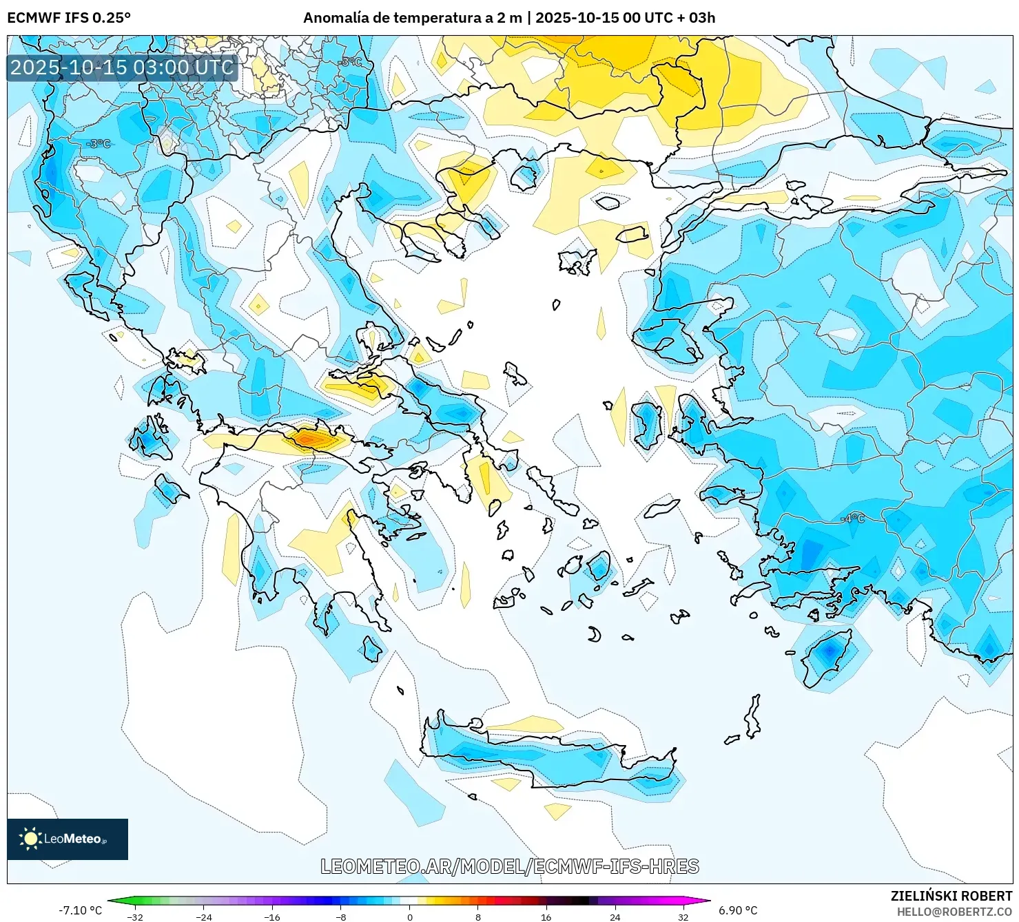 ECMWF IFS 0.25° model - Grecia, Anomalía de temperatura a 2 m