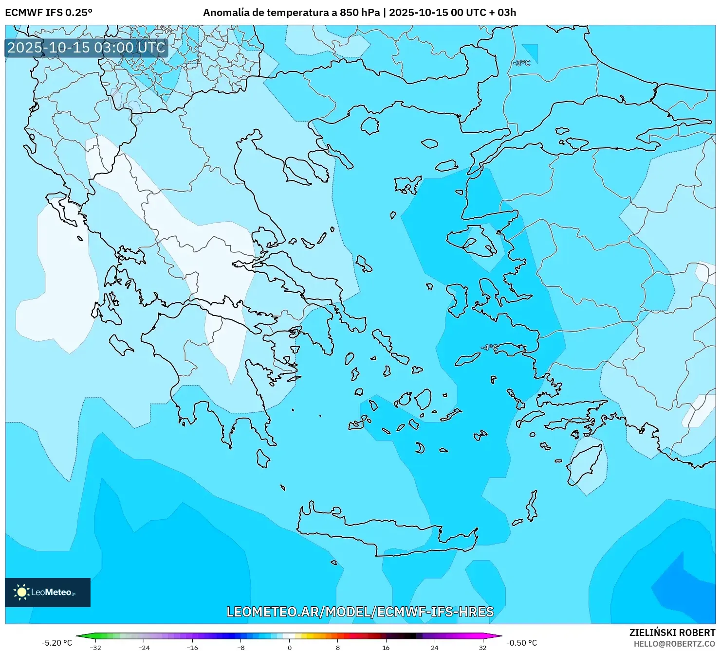 ECMWF IFS 0.25° model - Grecia, Anomalía de temperatura a 850 hPa ECMWF IFS 0.25° model - Grecia, Anomalía de temperatura a 850 hPa
