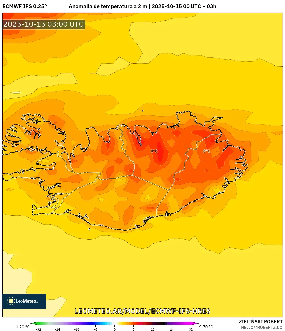ECMWF IFS 0.25° model - Islandia, Anomalía de temperatura a 2 m ECMWF IFS 0.25° model - Islandia, Anomalía de temperatura a 2 m