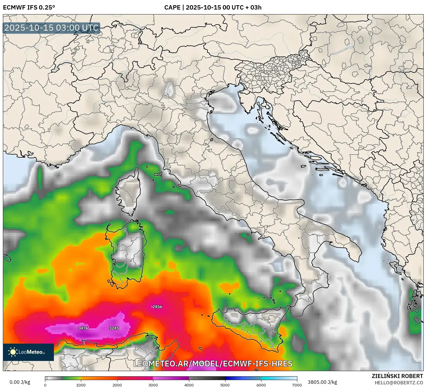 ECMWF IFS 0.25° model - Italia, CAPE