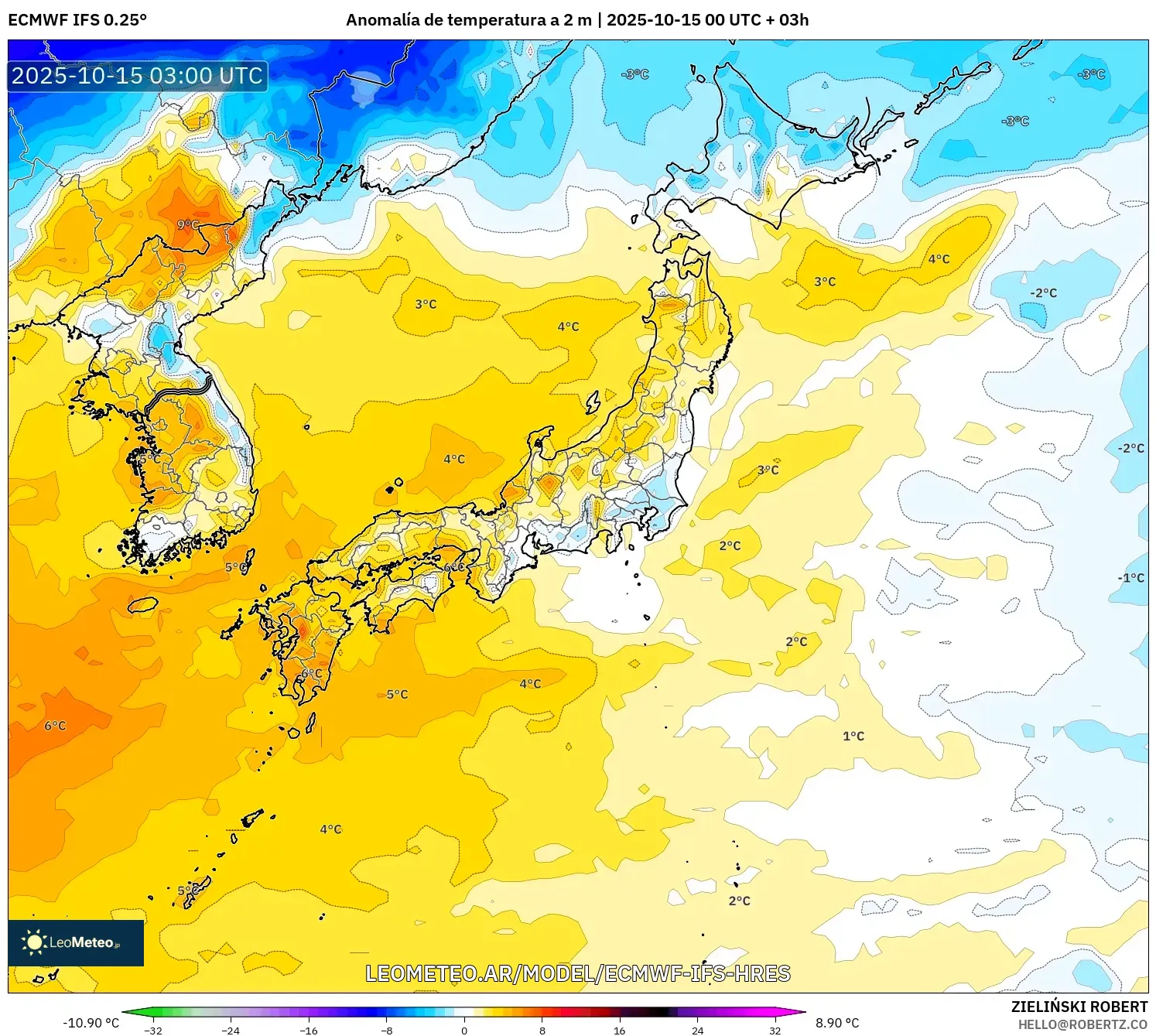 ECMWF IFS 0.25° model - Japón, Anomalía de temperatura a 2 m ECMWF IFS 0.25° model - Japón, Anomalía de temperatura a 2 m